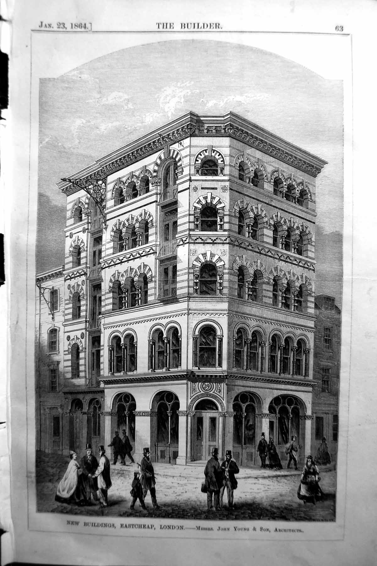 Old Print Buildings Eastcheap London John Young Architecture 1864 Builder 19th