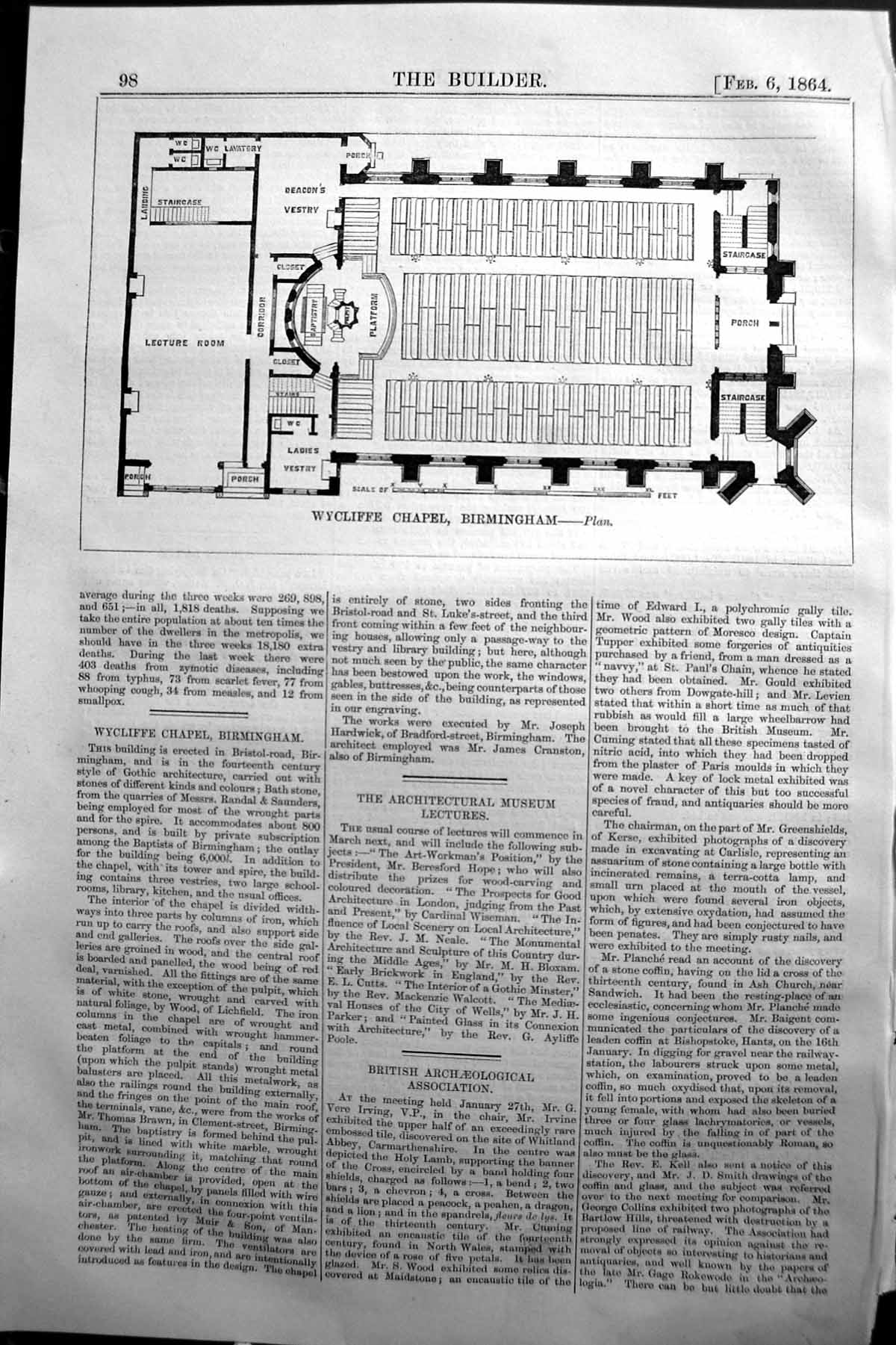 Old Print 1864 Builder Plan Wycliffe Chapel Birmingham Lecture Room Porch 19th