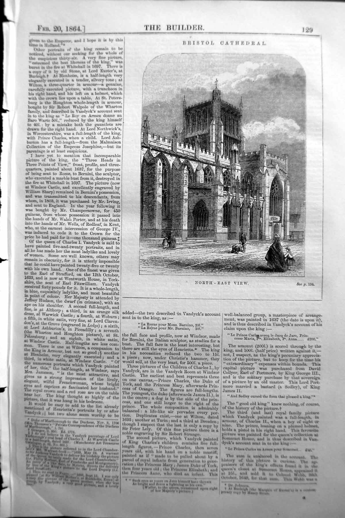 Antique Old Print 1864 Builder Bristol Cathedral North East View Architecture