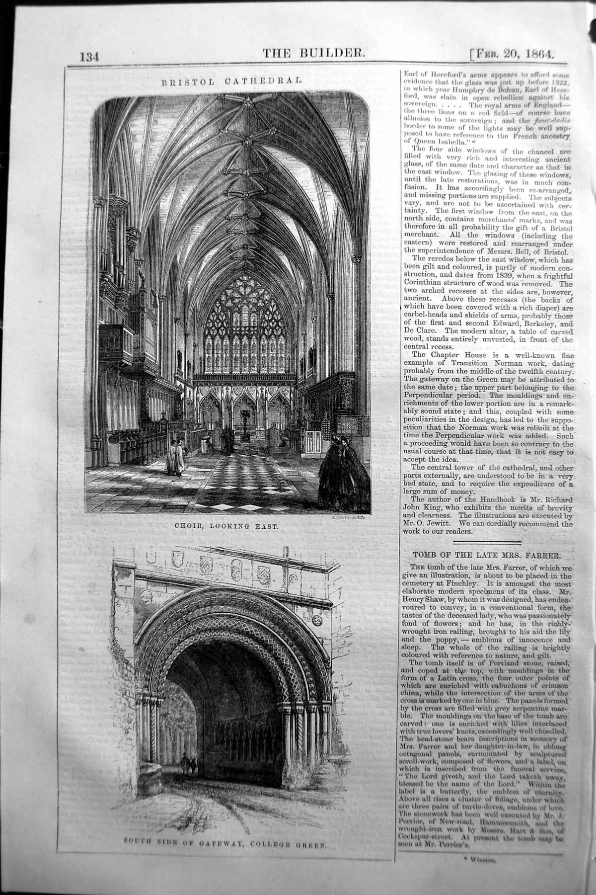 Antique Old Print Bristol Cathedral Choir Gateway College Green 1864 Builder