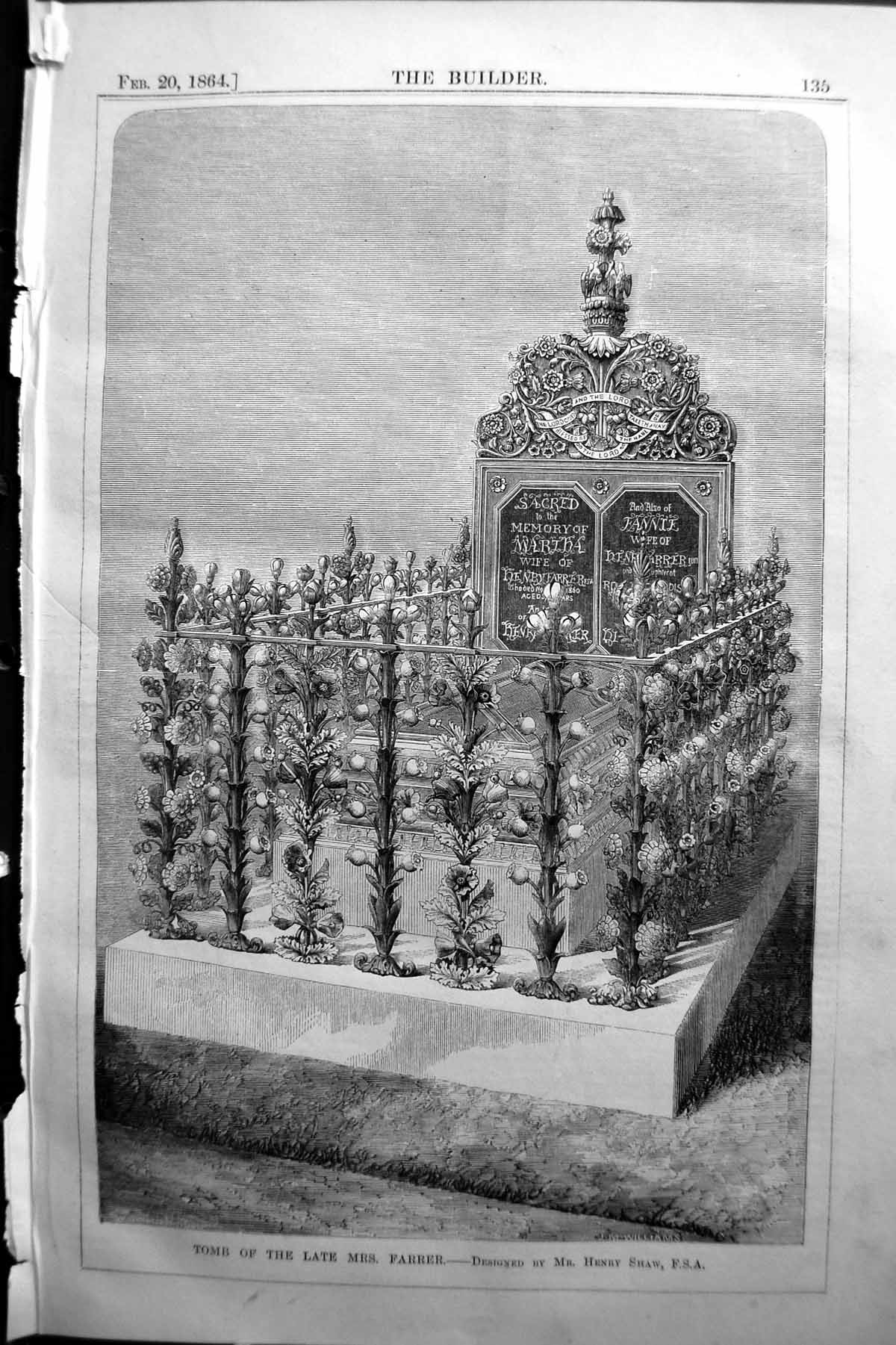 Old Antique Print Tomb Mrs Farrer Martha Fannie 1864 Builder Henry Swan 19th