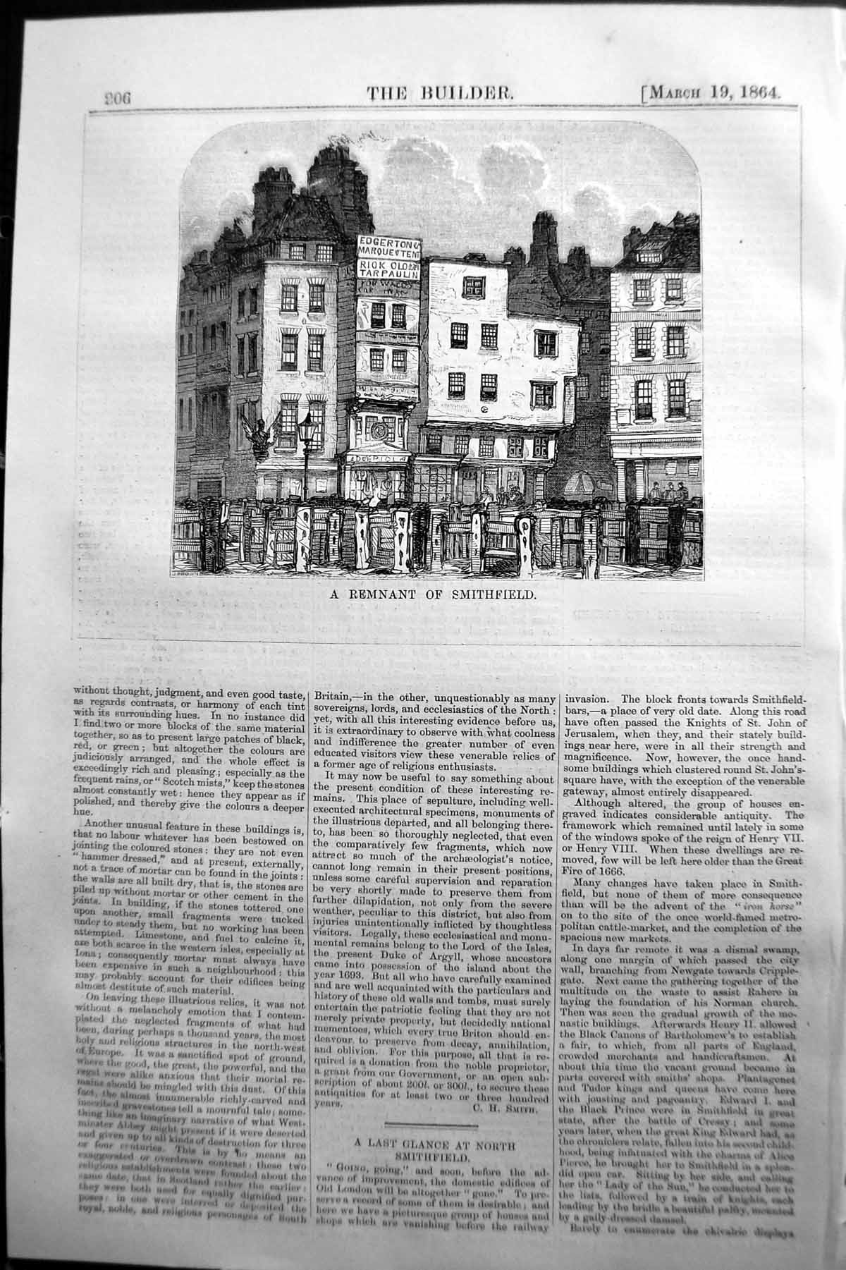 Antique Old Print 1864 Builder Remnant Smithfield Edgerton Building Market 19th