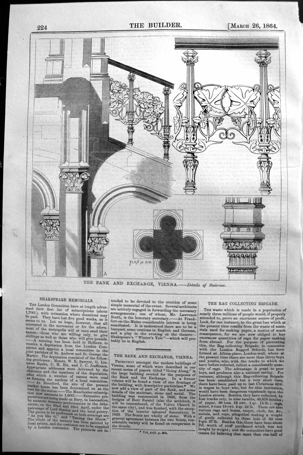 Original Old Antique Print 1864 Builder Bank Exchange Vienna Details Staircase