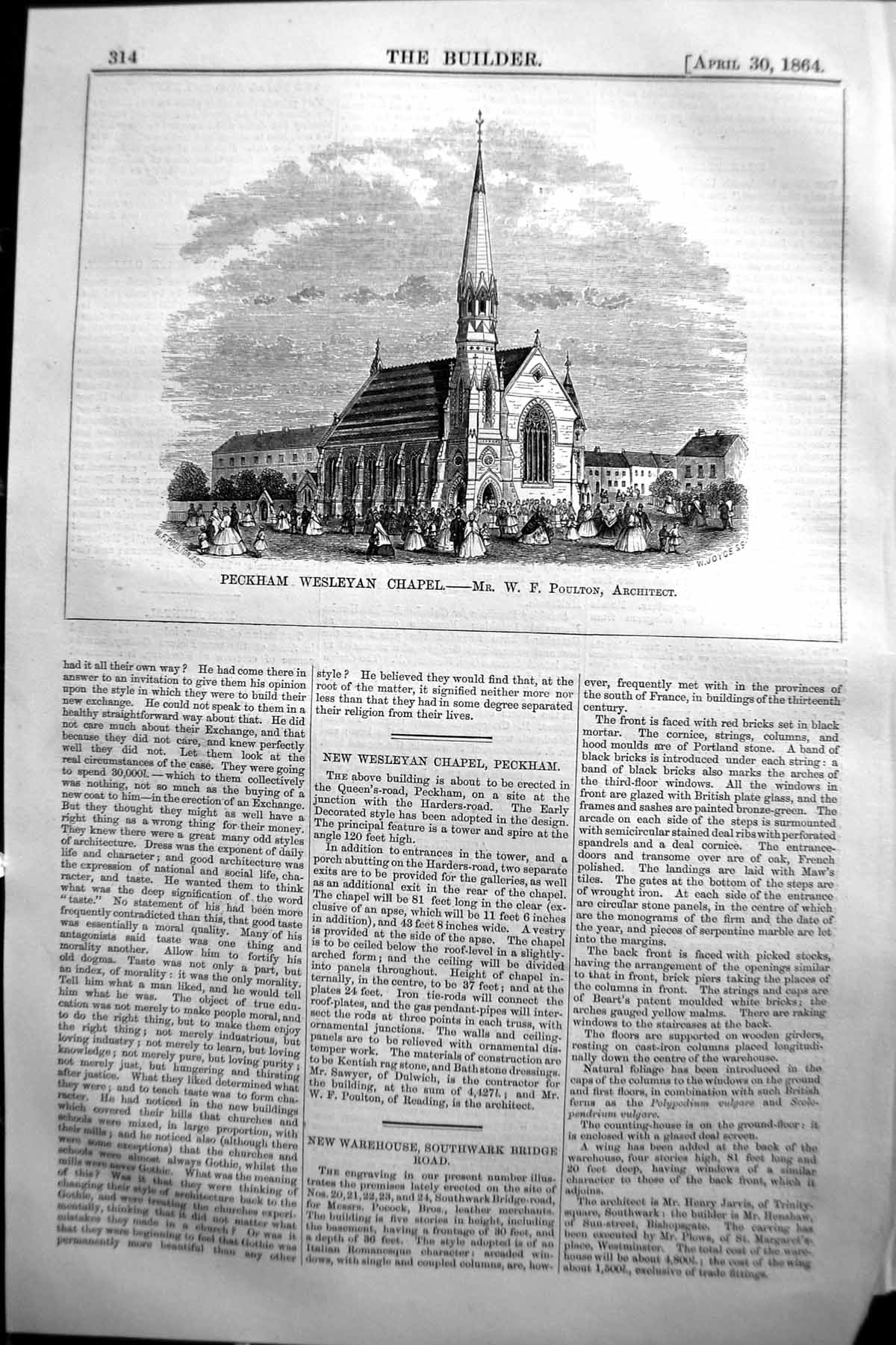 Antique Old Print 1864 Builder Peckham Wesleyan Chapel Poulton Architecture