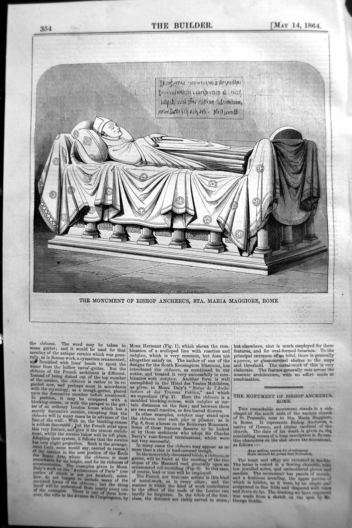 Old Print 1864 Builder Monument Bishop Ancherus Maris Maggiore Rome Italy 19th