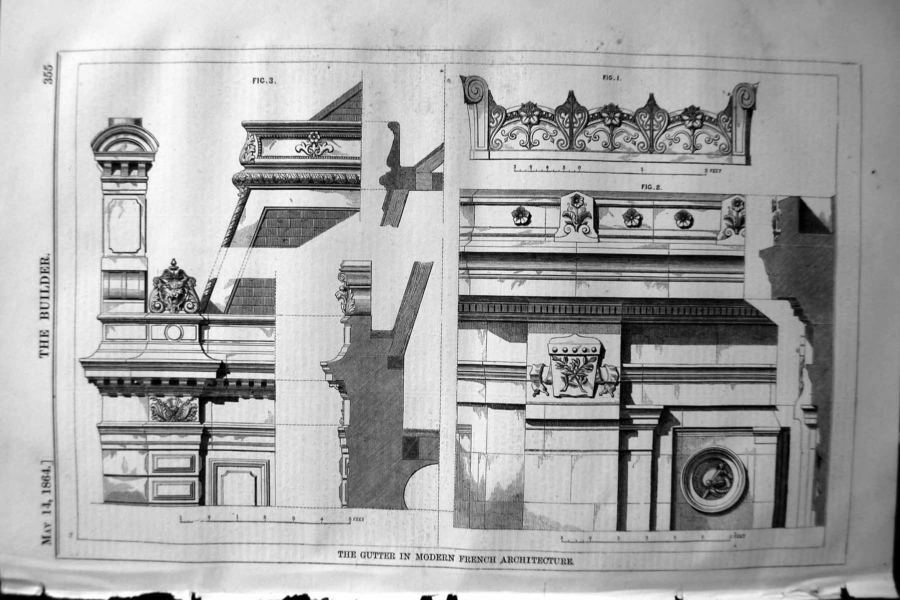 Original Old Antique Print 1864 Builder Gutter Modern French Architecture 19th
