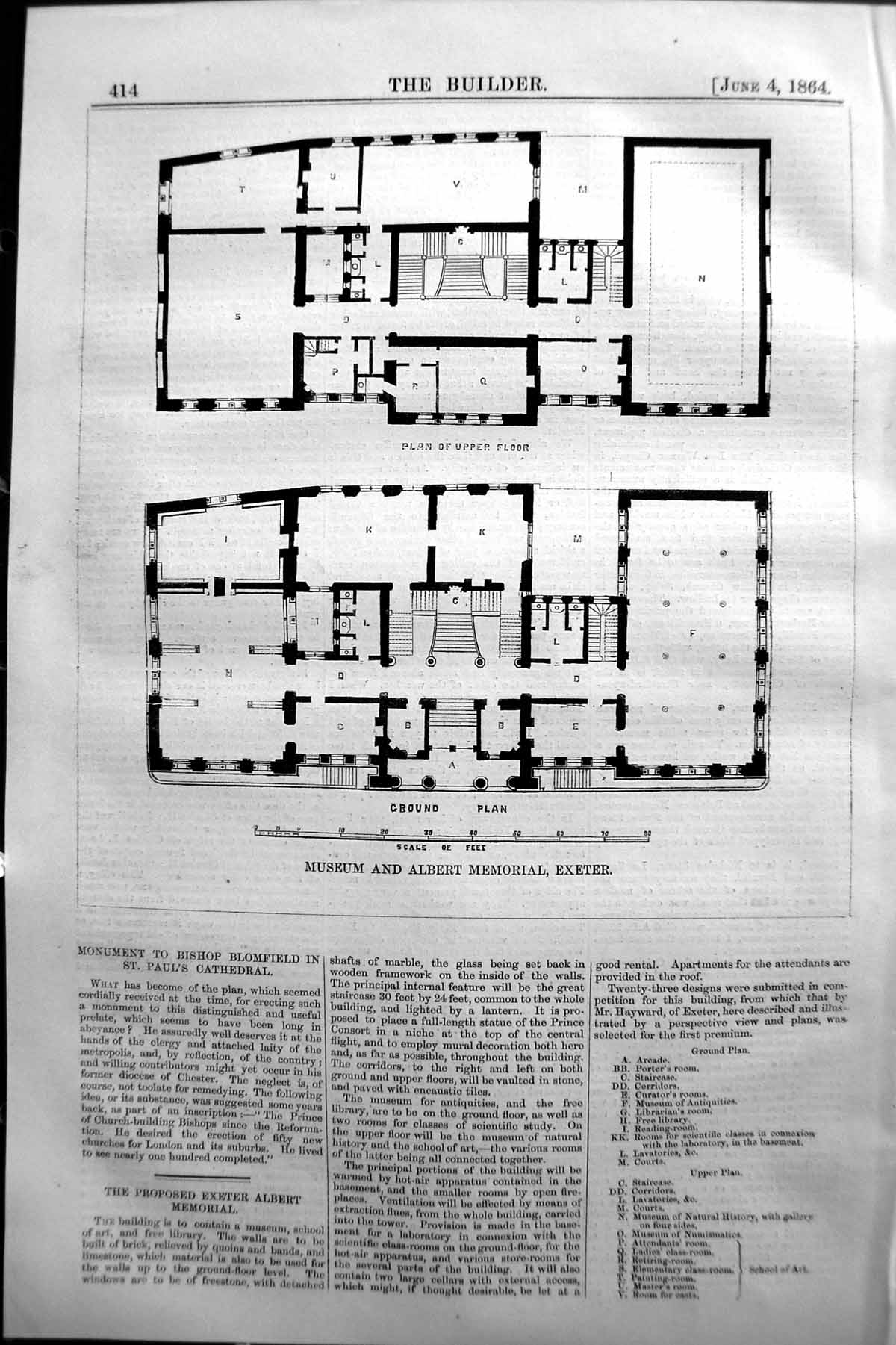 Antique Print 1864 Builder Musuem Albert Memorial Exeter Ground Upper Plan 19th