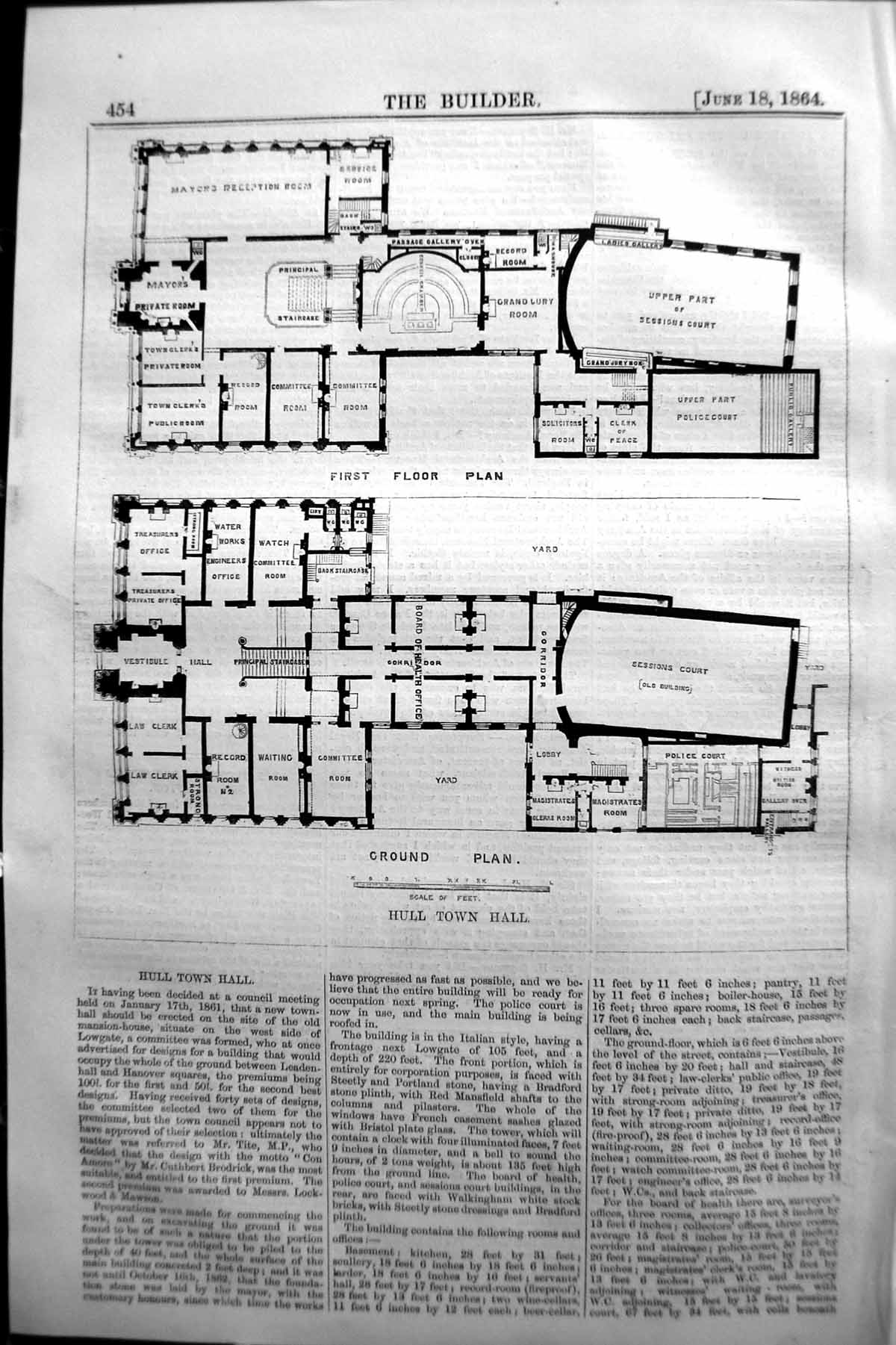 Old 1864 Builder Ground Plan Hull Town Hall Sessions Court Mayor'S Pr Victorian