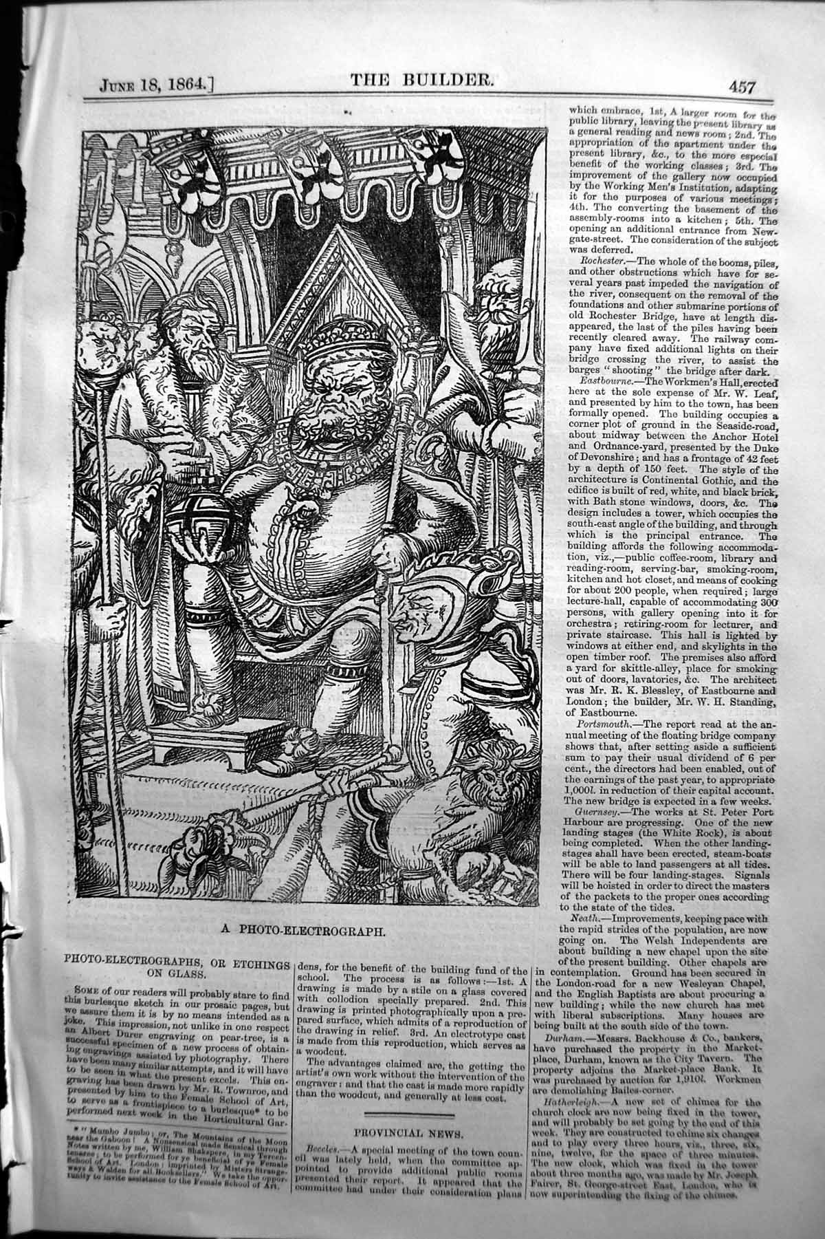Original Old Antique Print 1864 Builder Photo-Electrograph King Sitting Chair