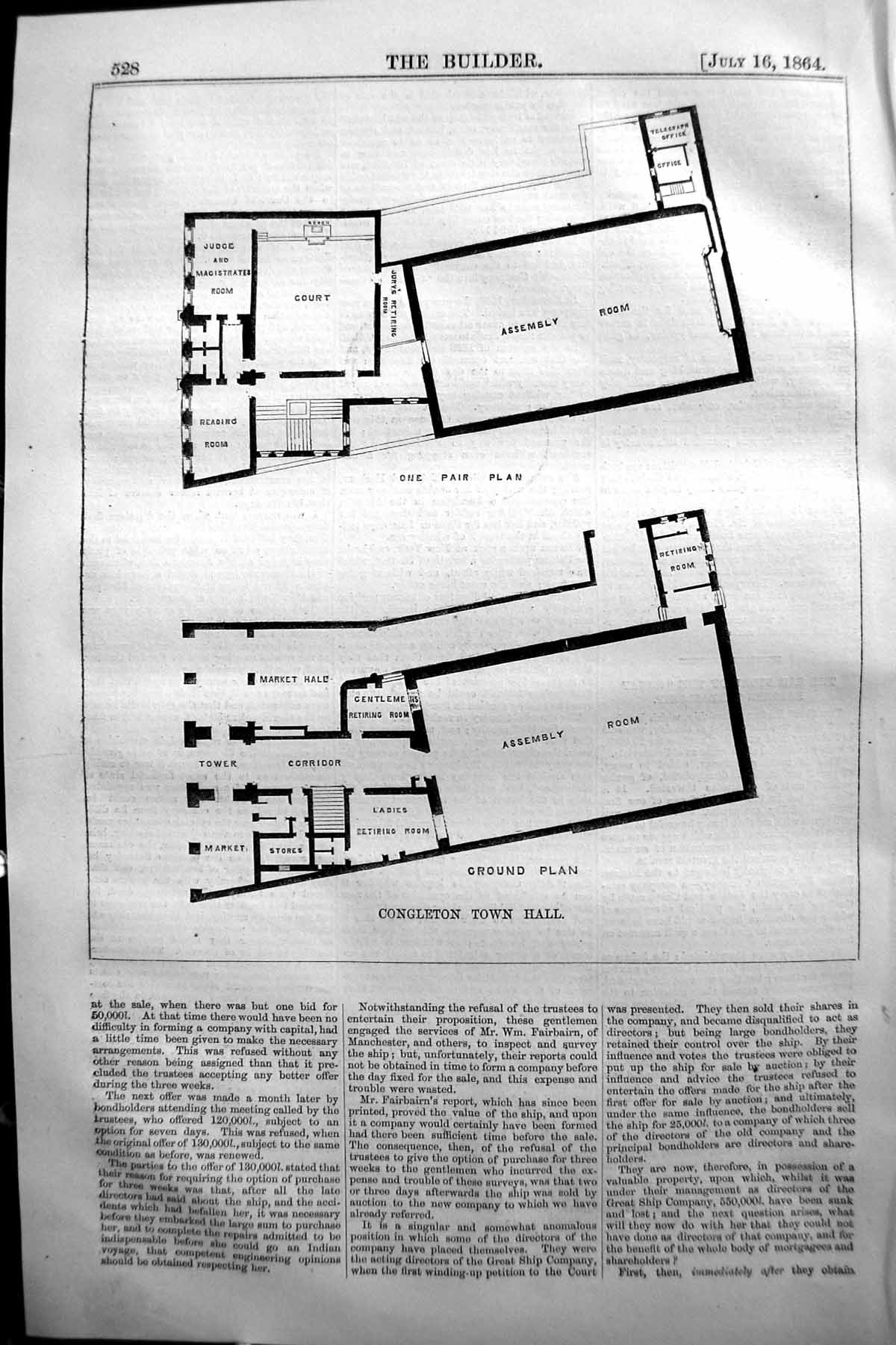 Antique Old Print 1864 Builder Ground Plan Congleton Town Hall Assembly Room