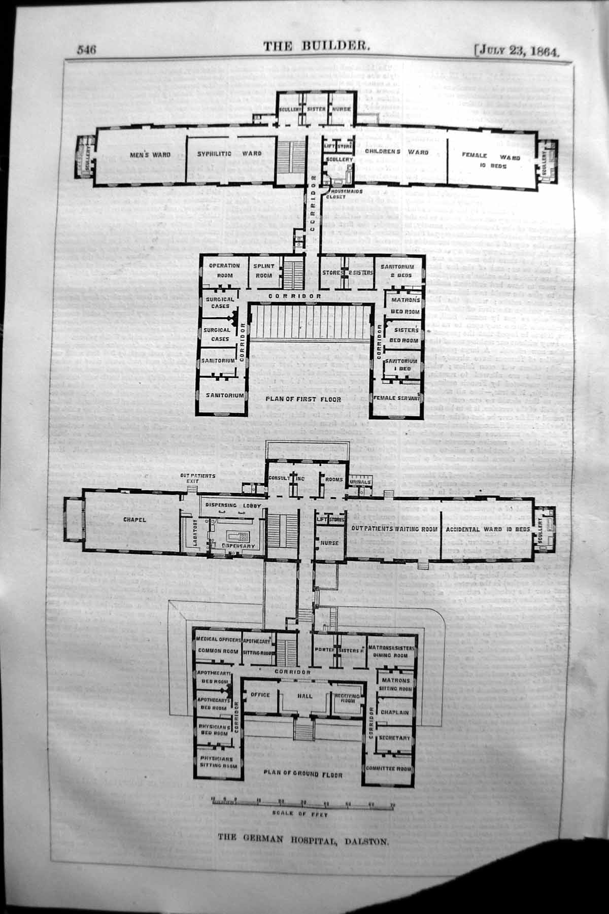 Old 1864 Builder Plan German Hospital Dalston Sanitorium Wards Out Pa Victorian