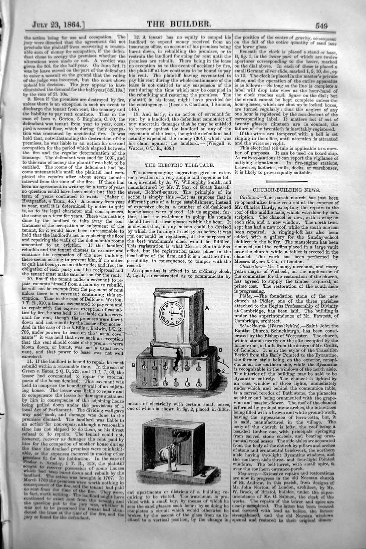 Original Old Antique Print 1864 Builder Electric Tell-Tale Clock Time Victorian