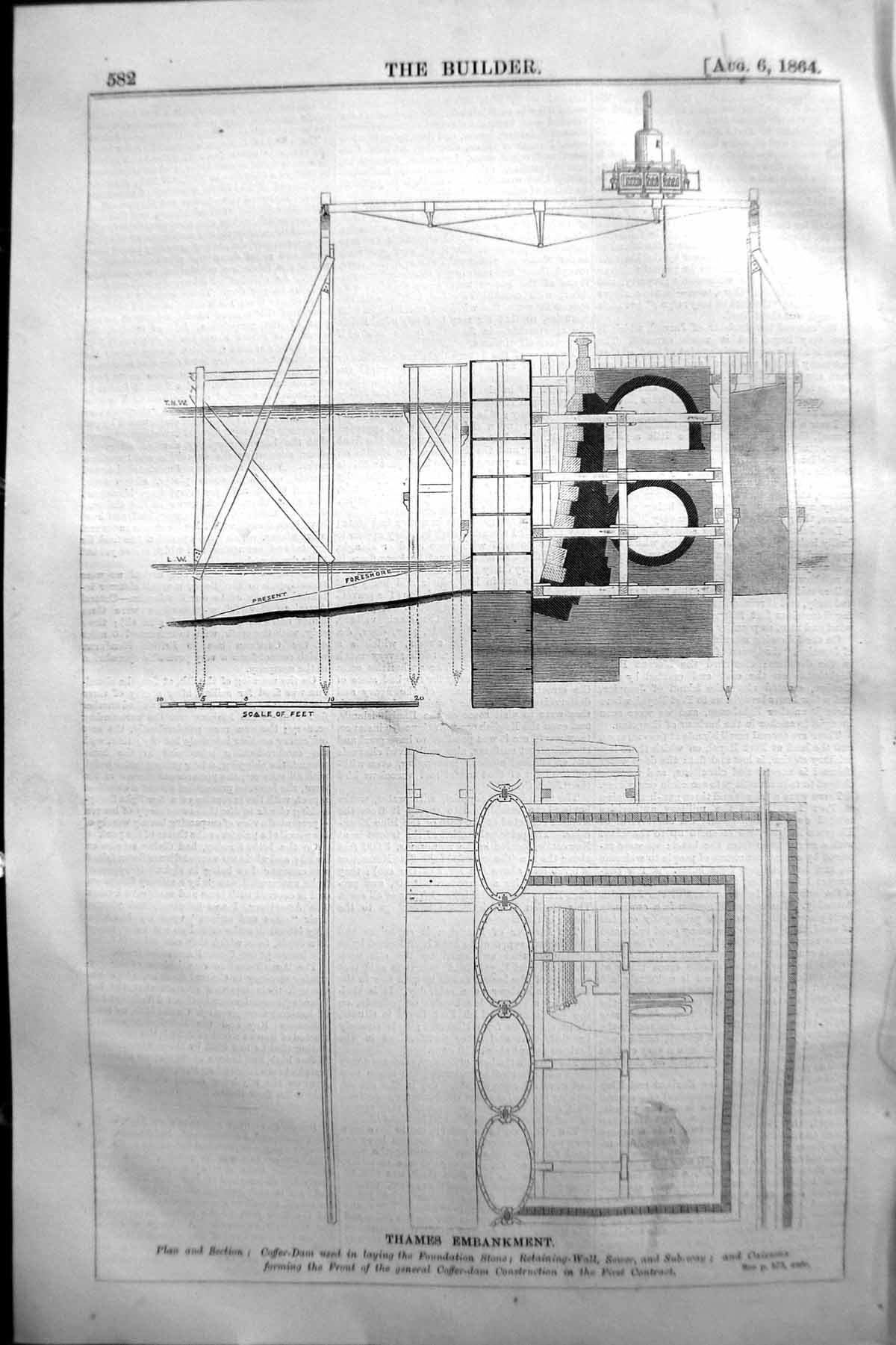 Old 1864 Builder Plan Thames Embankment Coffer Dam Foundation Stone C Victorian