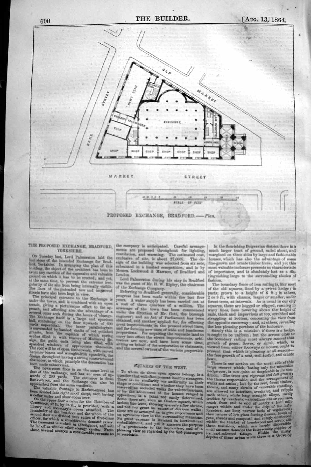 Old Print 1864 Builder Proposed Exchange Bradford Plan Bank Market Street 19th