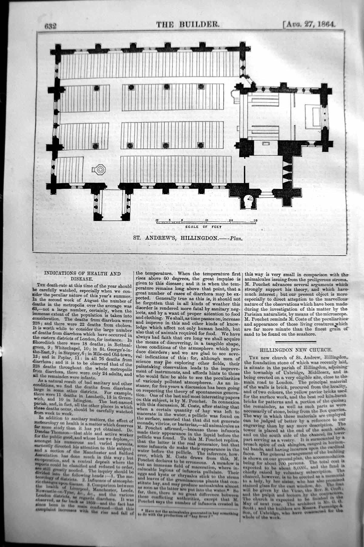 Original Old Antique Print 1864 Builder Plan St. Andrews Hillingdon Church 19th