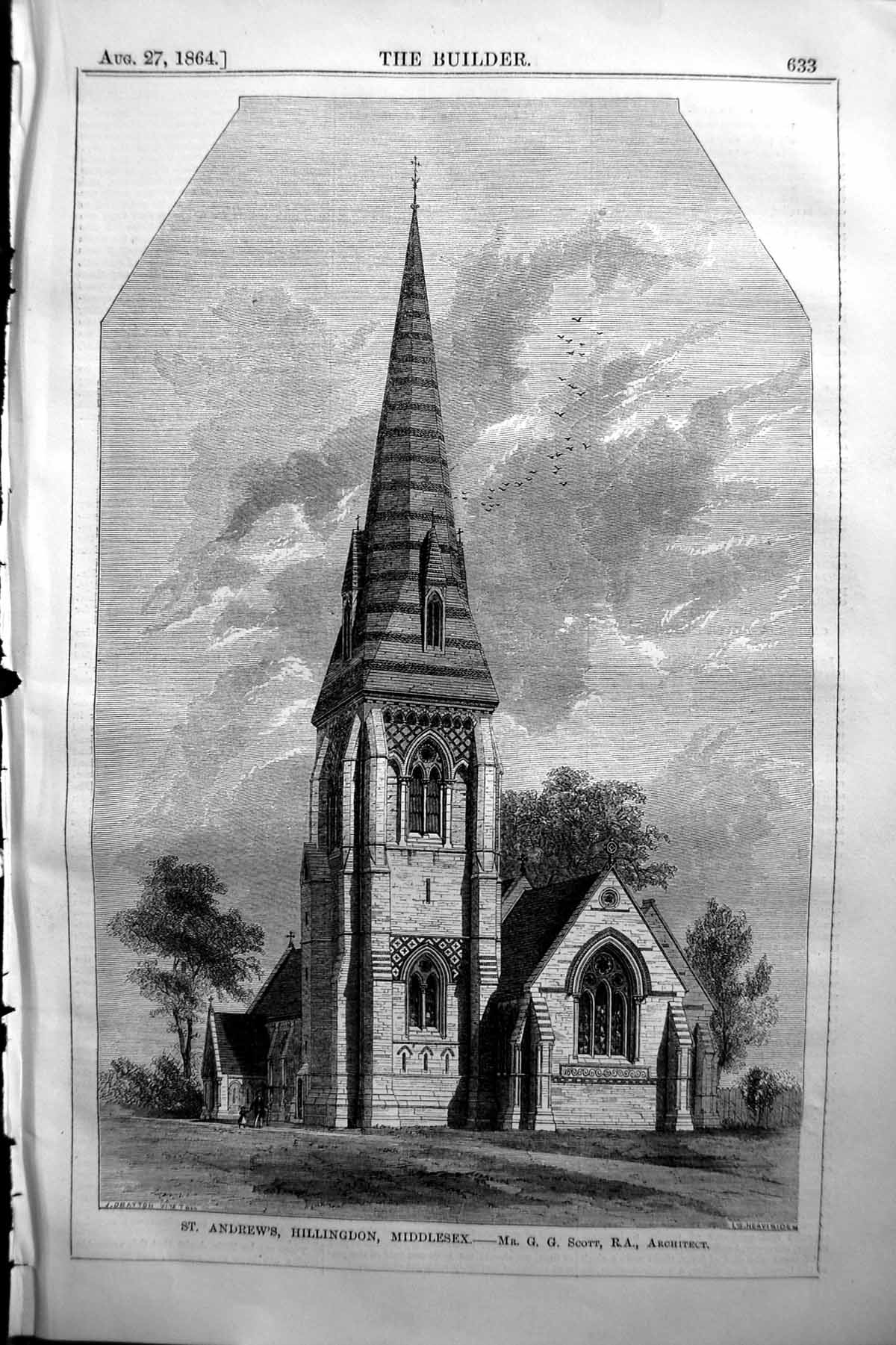 Old 1864 Builder St. Andrews Hillingdon Church Middlesex Scott Archit Victorian