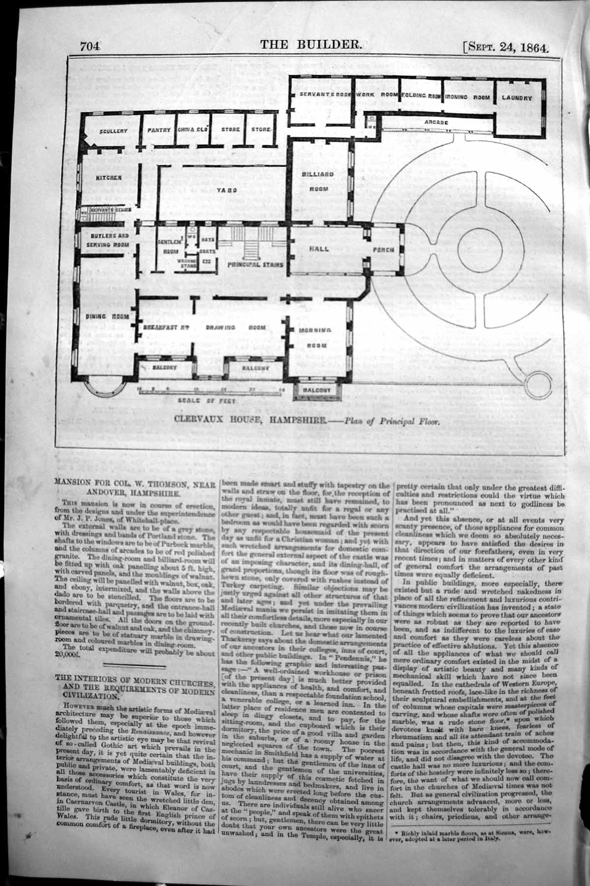 Antique Old Print 1864 Builder Plan Principal Floor Clervaux House Hampshire