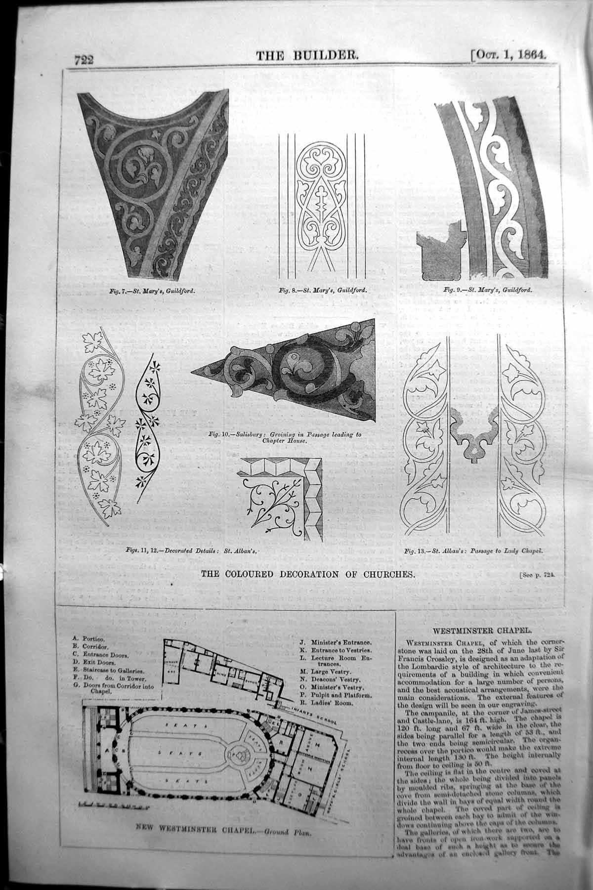 Old 1864 Builder Coloured Decoration Churches St. Mary'S Guildford We Victorian