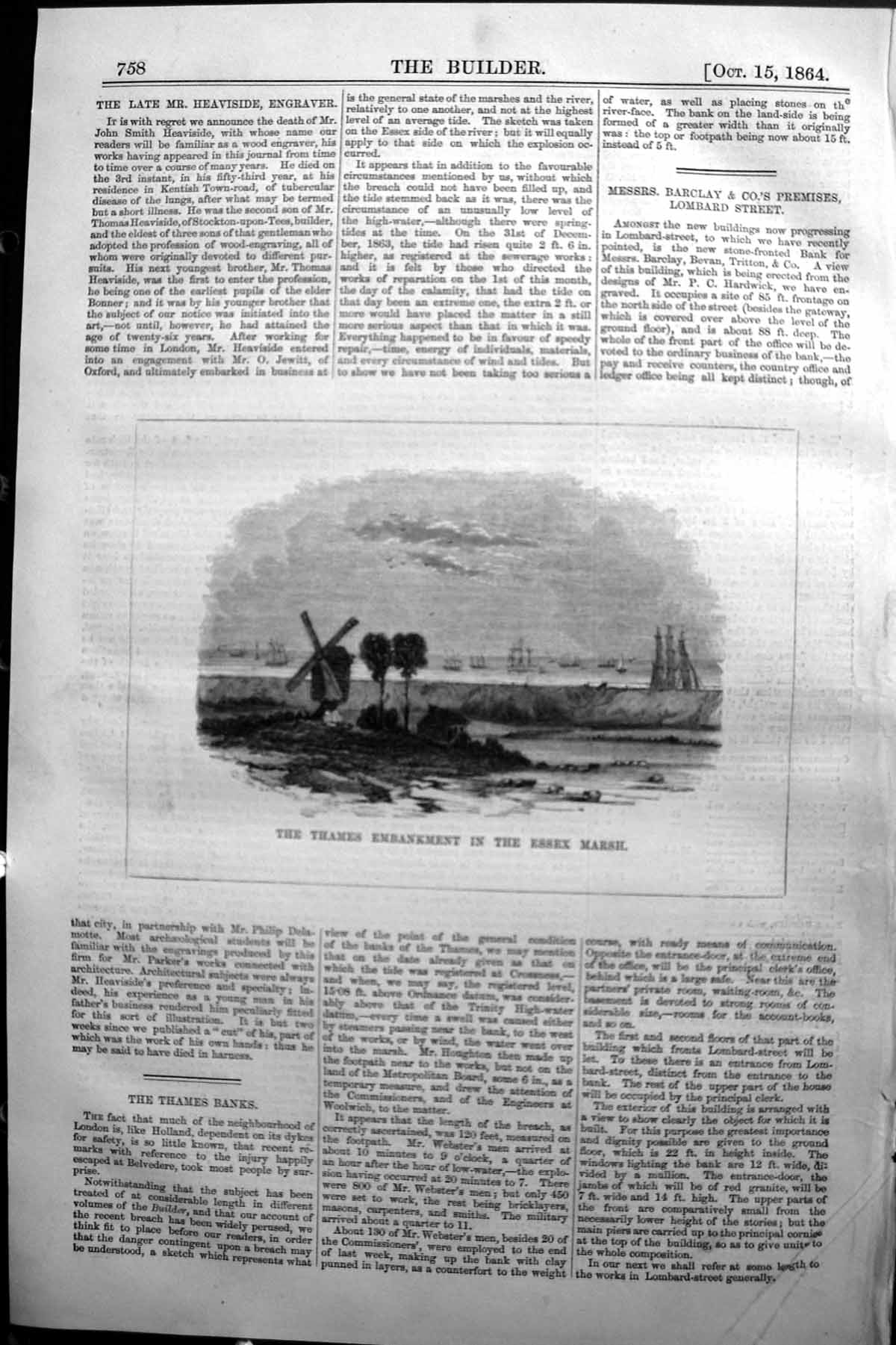 Old Print 1864 Builder Thames Embankment Essex Marsh River Windmill Ships 19th