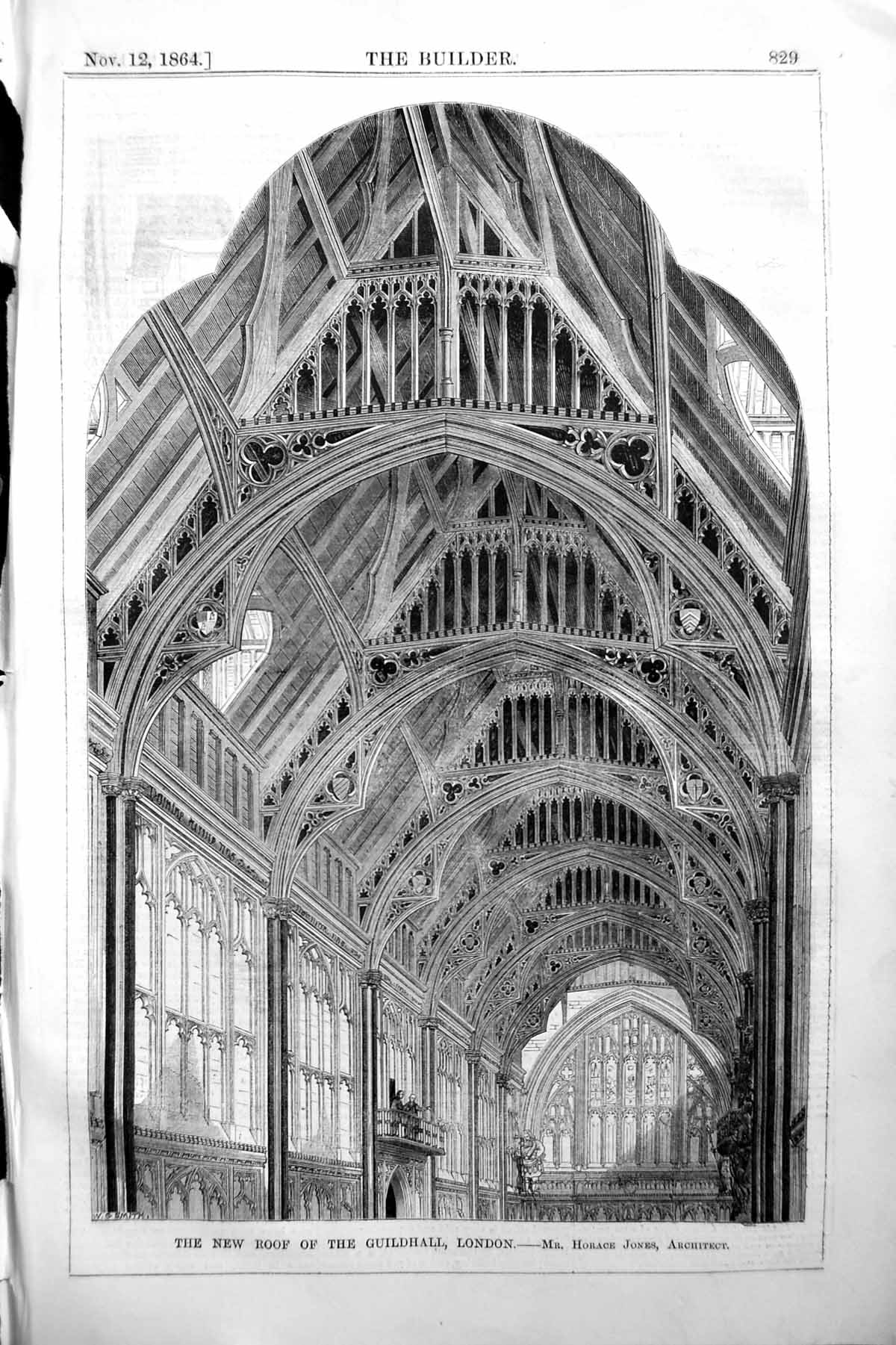 Old Print 1864 Builder Interior RoGuildhall London Horace Jones Architec 19th