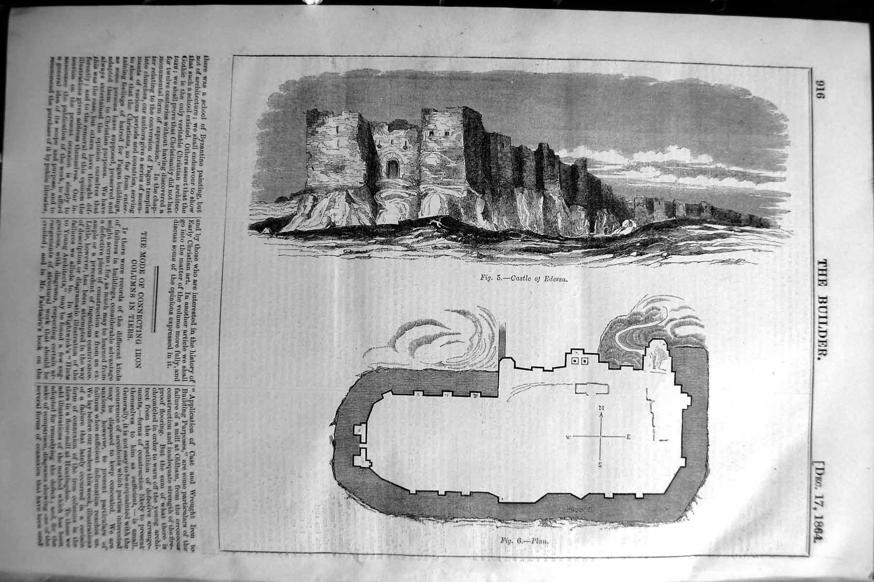 Original Old Antique Print 1864 Builder Castle Edessa Sea Plan Architecture