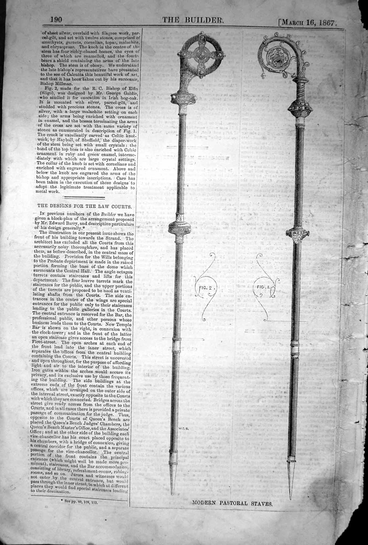 Antique Old Print 1868 Builder Modern Pastoral Staves Peard Jackson Blomfield