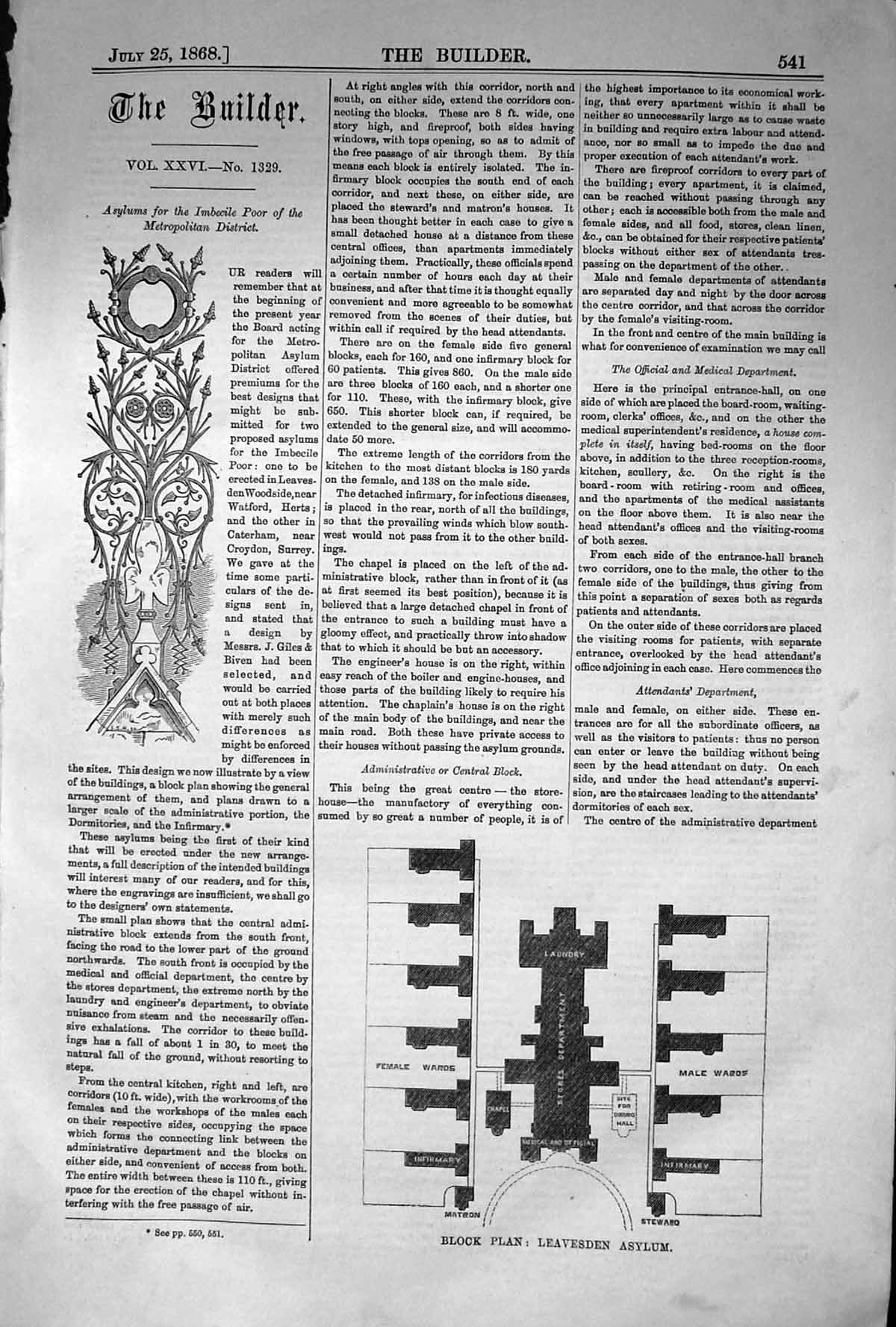 Old 1868 Builder Block Plan Leavensden Asylum Poor Metropolitan Distr Victorian