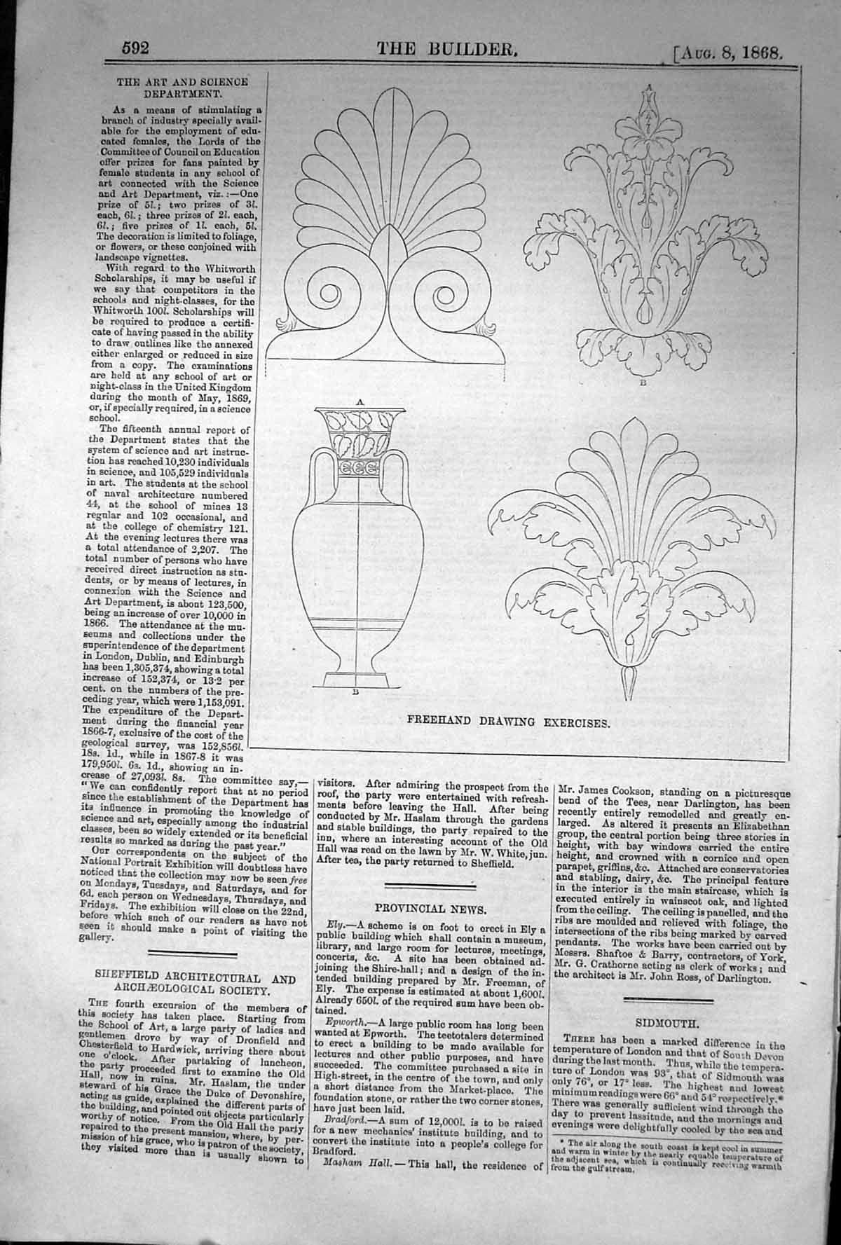 Original Old Antique Print 1868 Builder Freehand Drawing Exercises Design 19th