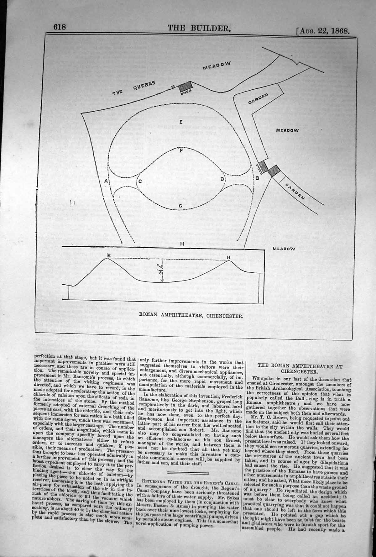 Old Print 1868 Builder Plan Roman Amphitheatre Cirencester Querns Meadow 19th