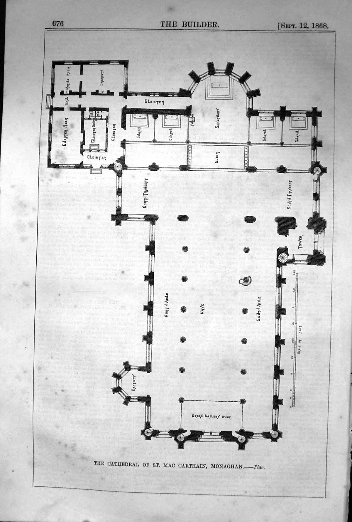 Old Antique Print 1868 Builder Plan Cathedral St. Mac Carthain Monaghan 19th
