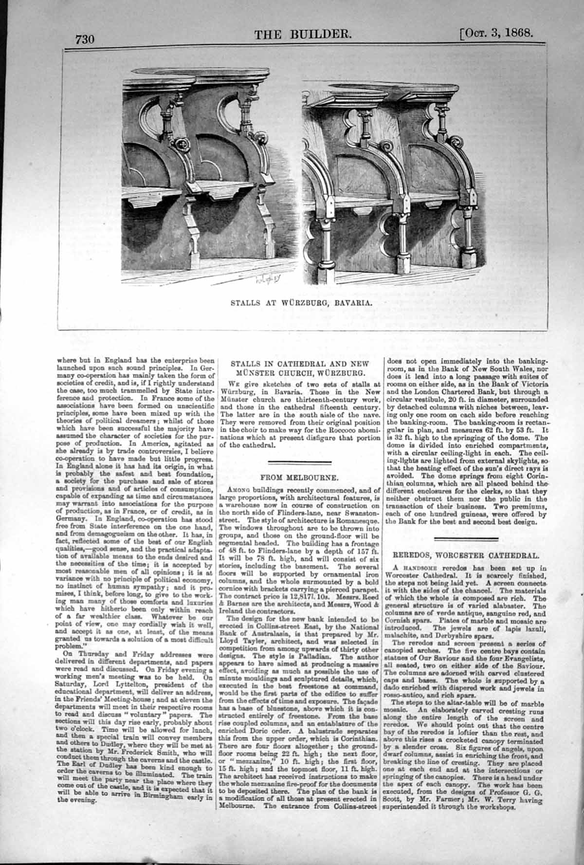 Original Old Antique Print 1868 Builder Stalls Wurzburg Bavaria Munster Church