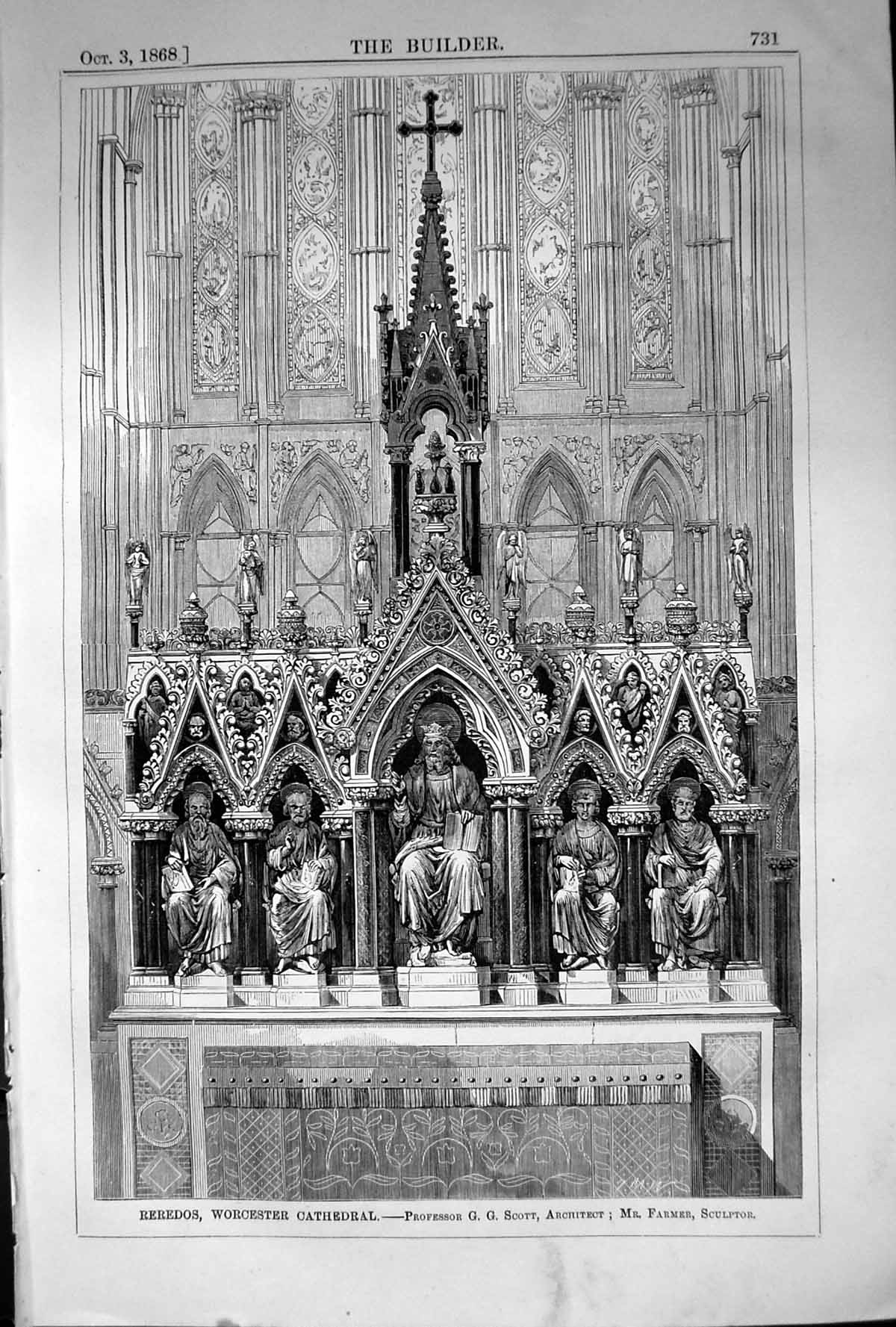 Old 1868 Builder Reredos Worcester Cathedral Professor Scott Architec Victorian