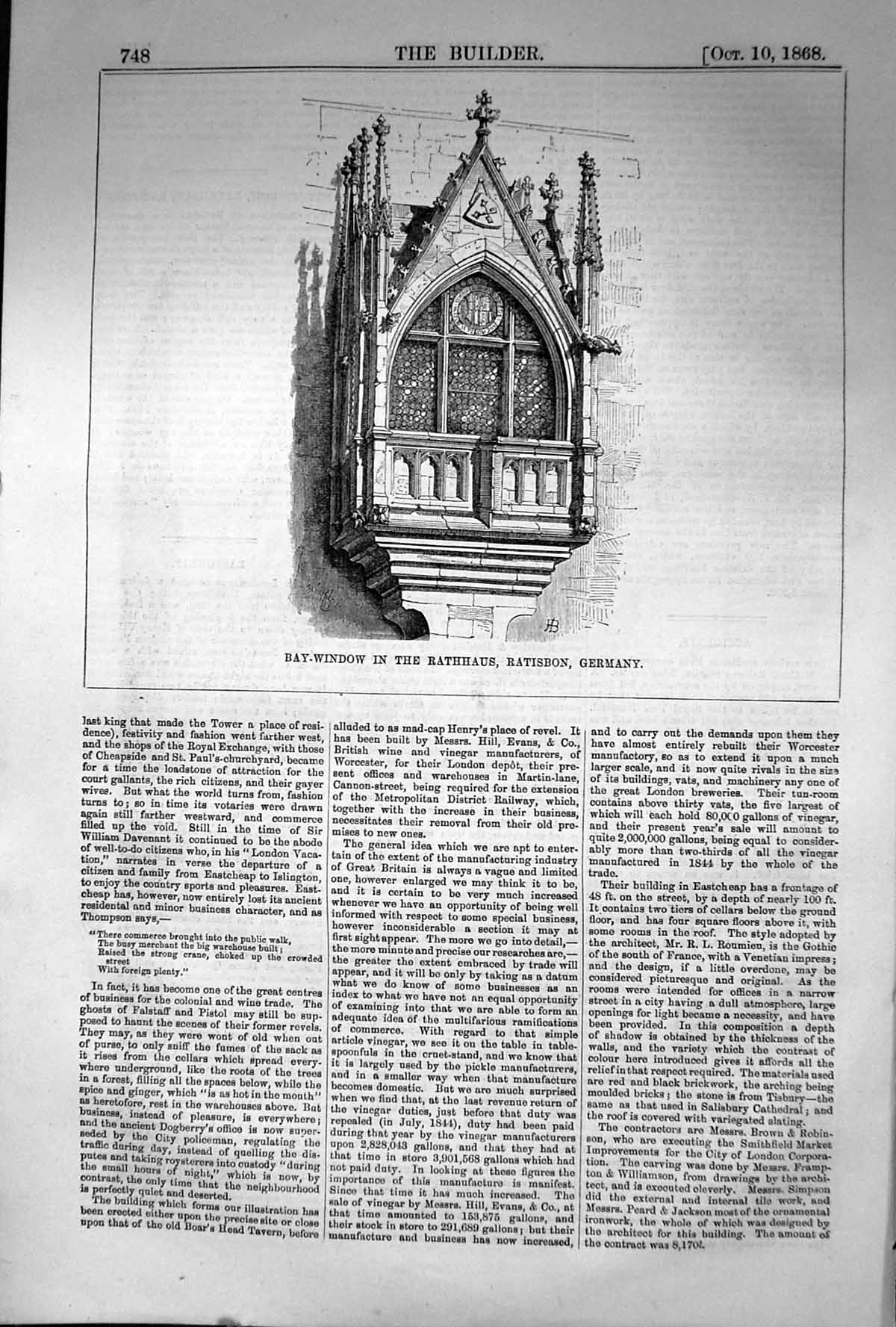 Original Old Antique Print 1868 Builder Bay Window Rathhaus Ratisbon Germany