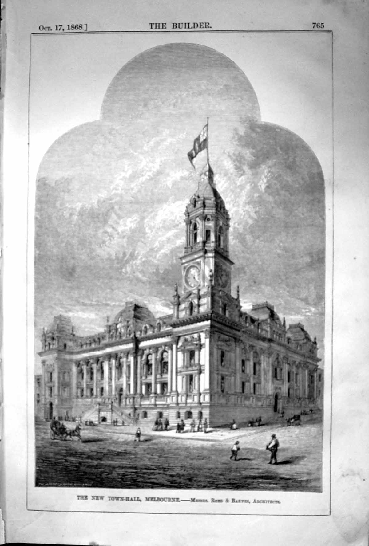Antique Print 1868 Builder New Town Hall Melbourne Reed Barnes Architecture