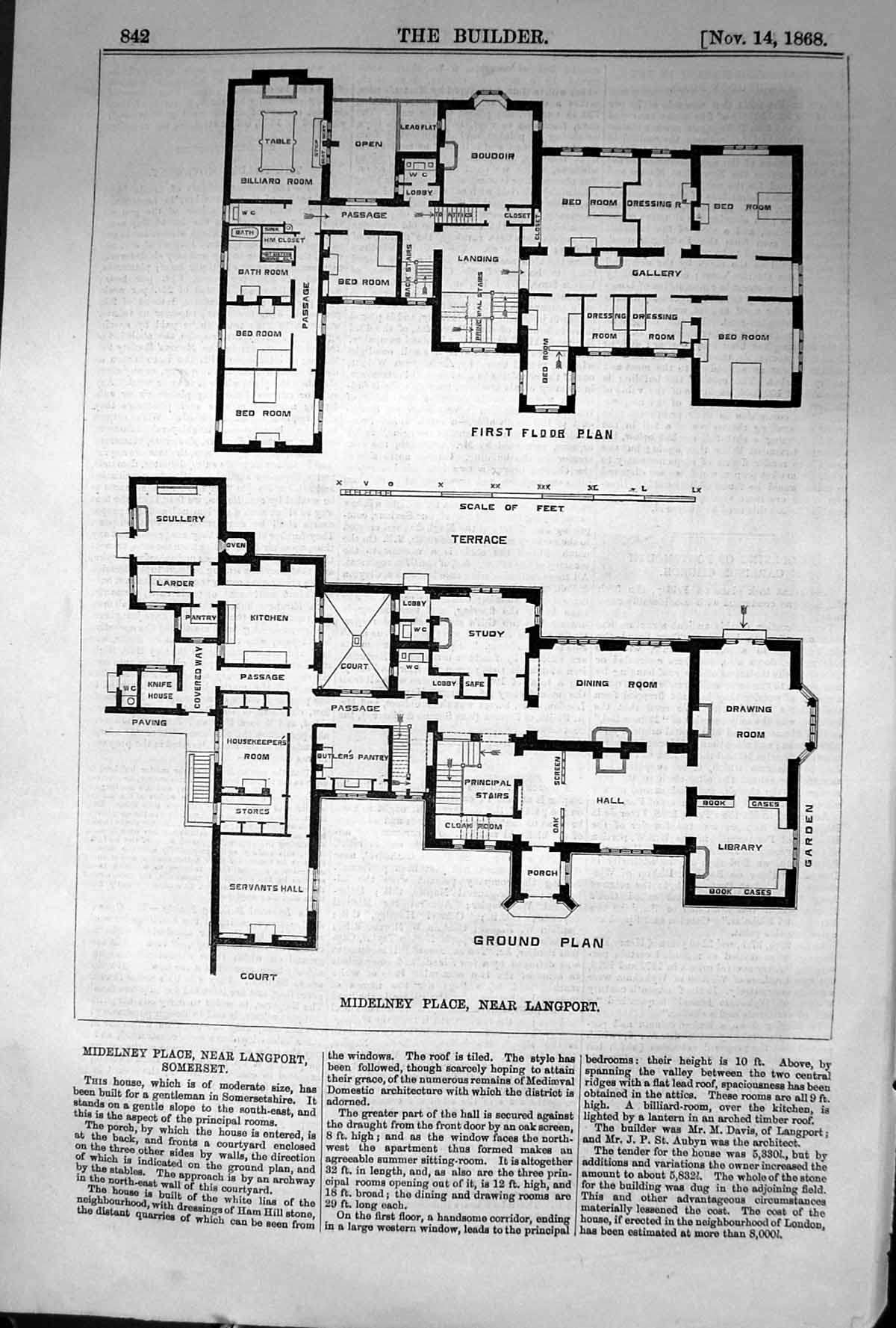 Old Print 1868 Builder Ground Floor Plan Midelney Place Langport Somerset 19th