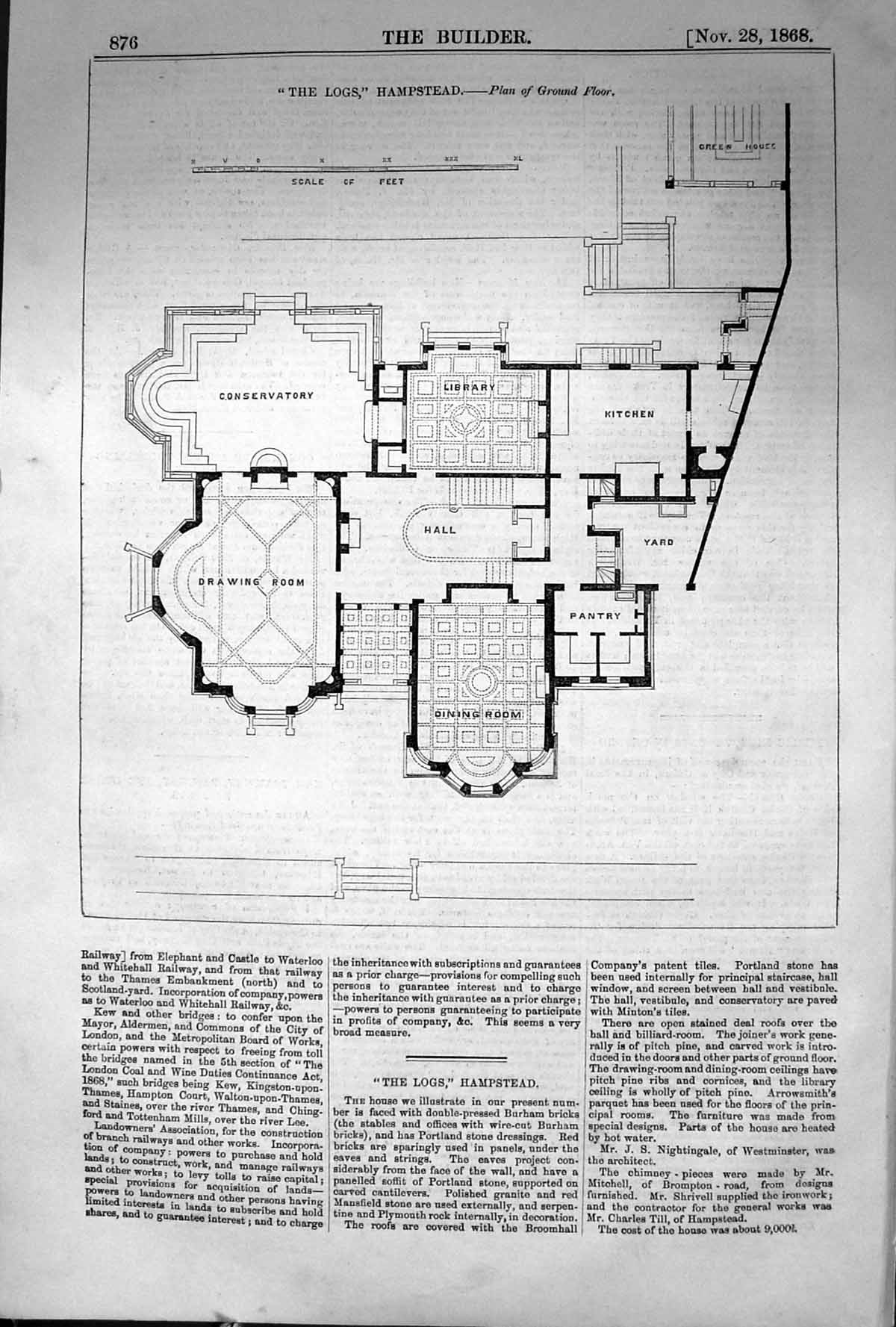 Antique Old Print 1868 Builder Ground Floor Plan Logs Hampstead Burham Bricks