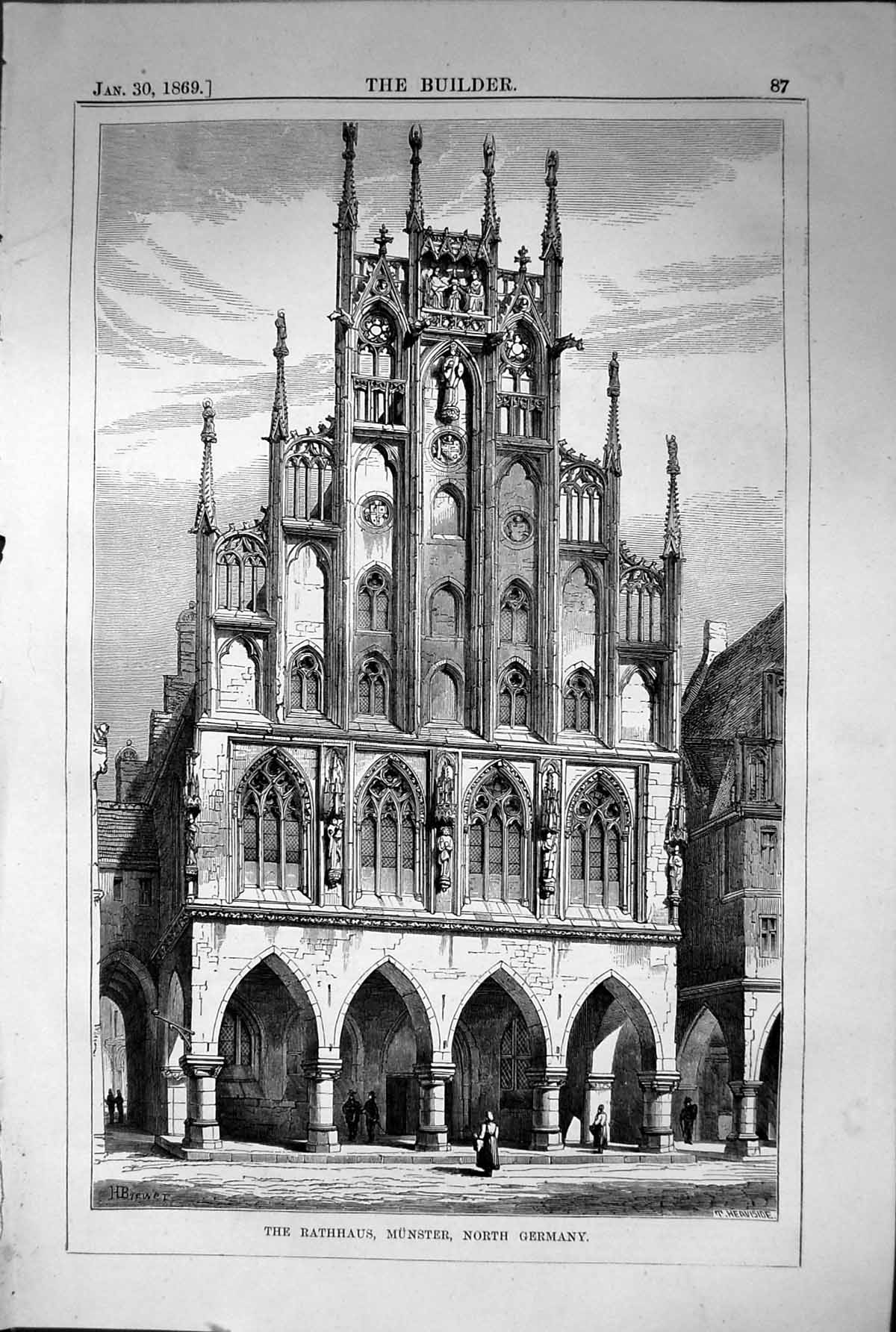 Original Old Antique Print Rathhaus Munster Germany Architecture 1869 Builder