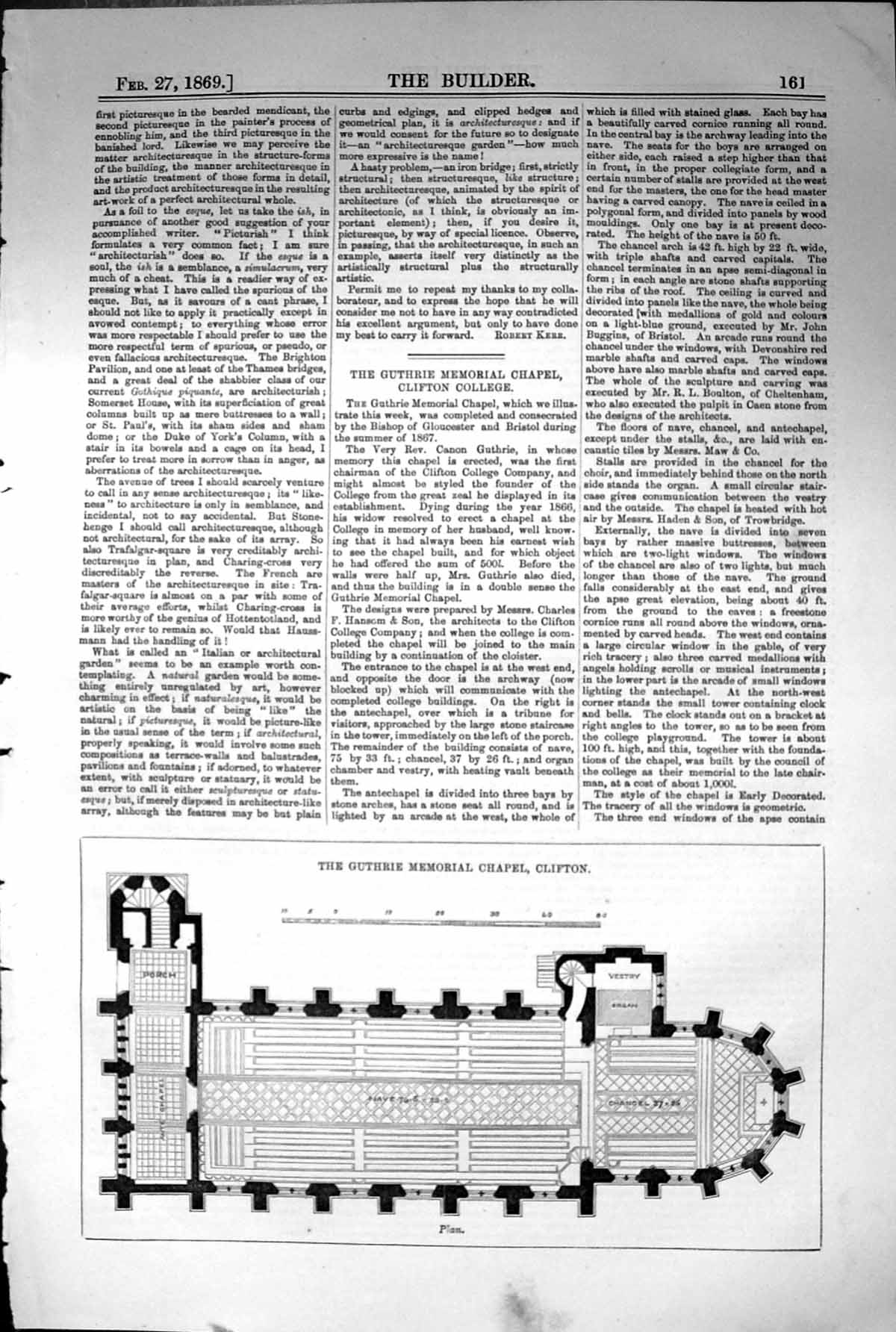 Old Print Plan Guthrie Memorial Chapel Clifton Architecture 1869 Builder 19th