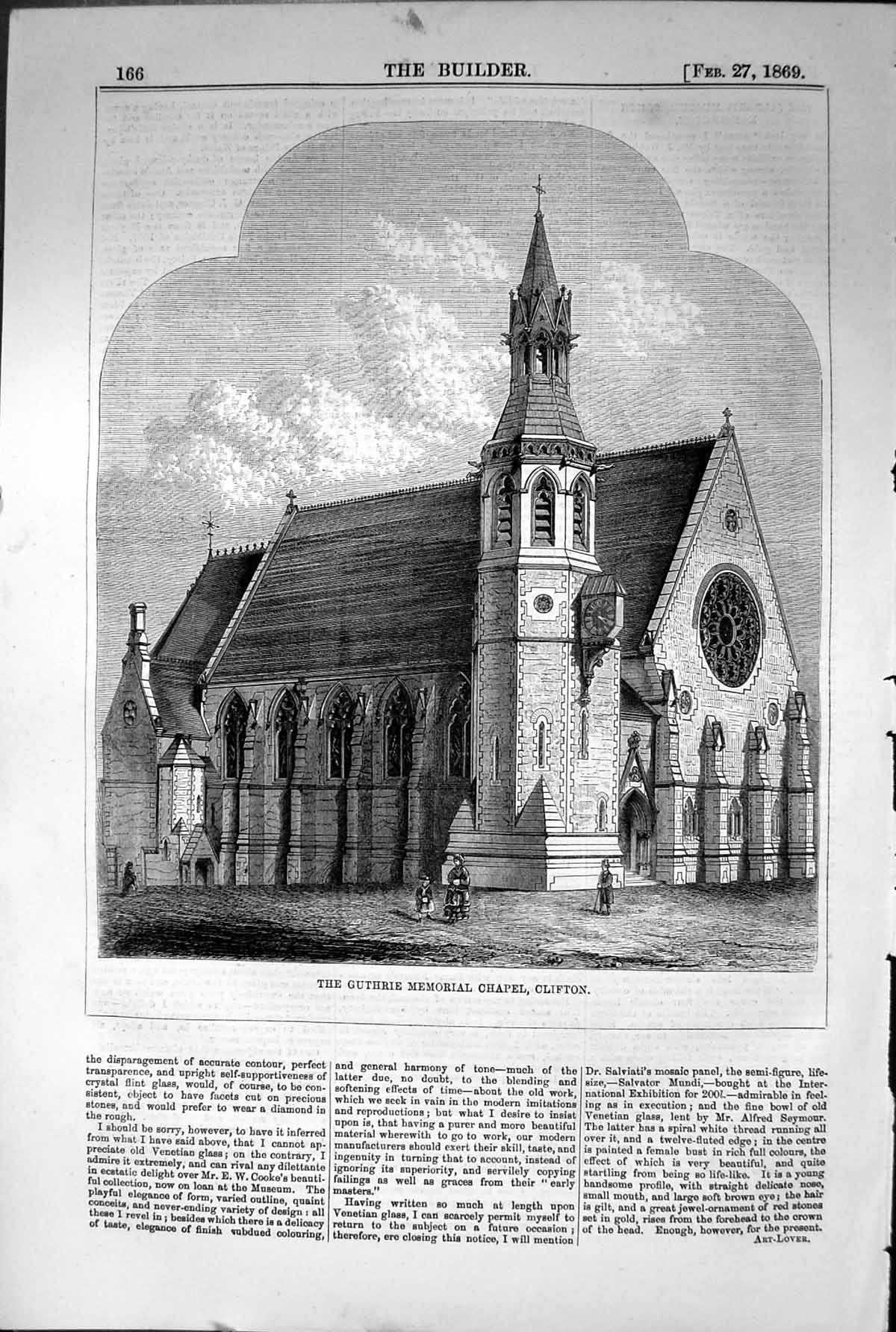 Antique Old Print Guthrie Memorial Chapel Clifton Architecture 1869 Builder