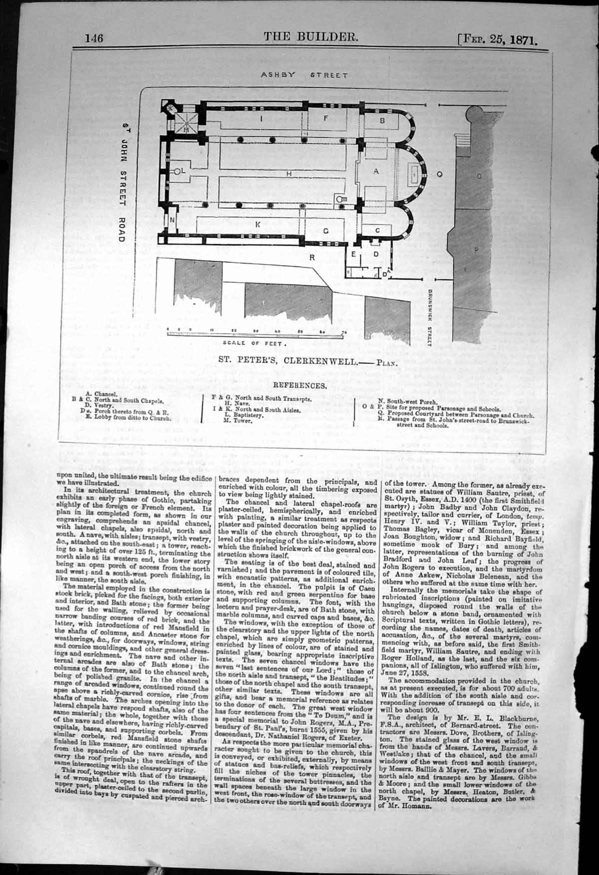 Old Plan St. Peter'S Clerkenwell Ashby Street Architecture 1871 Build Victorian