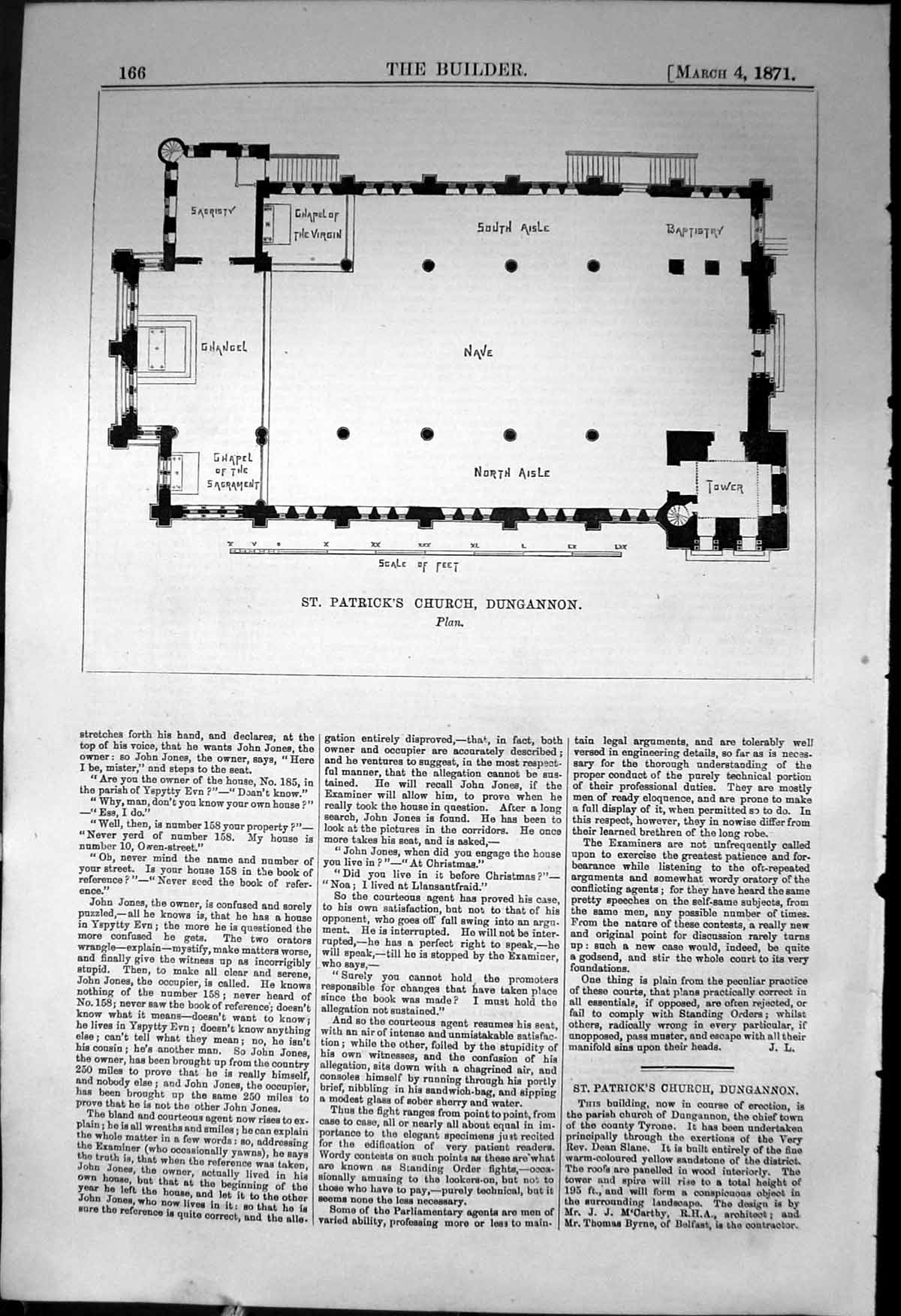 Antique Print Plan St. Patricks Church Dungannon Architecture 1871 Builder 19th