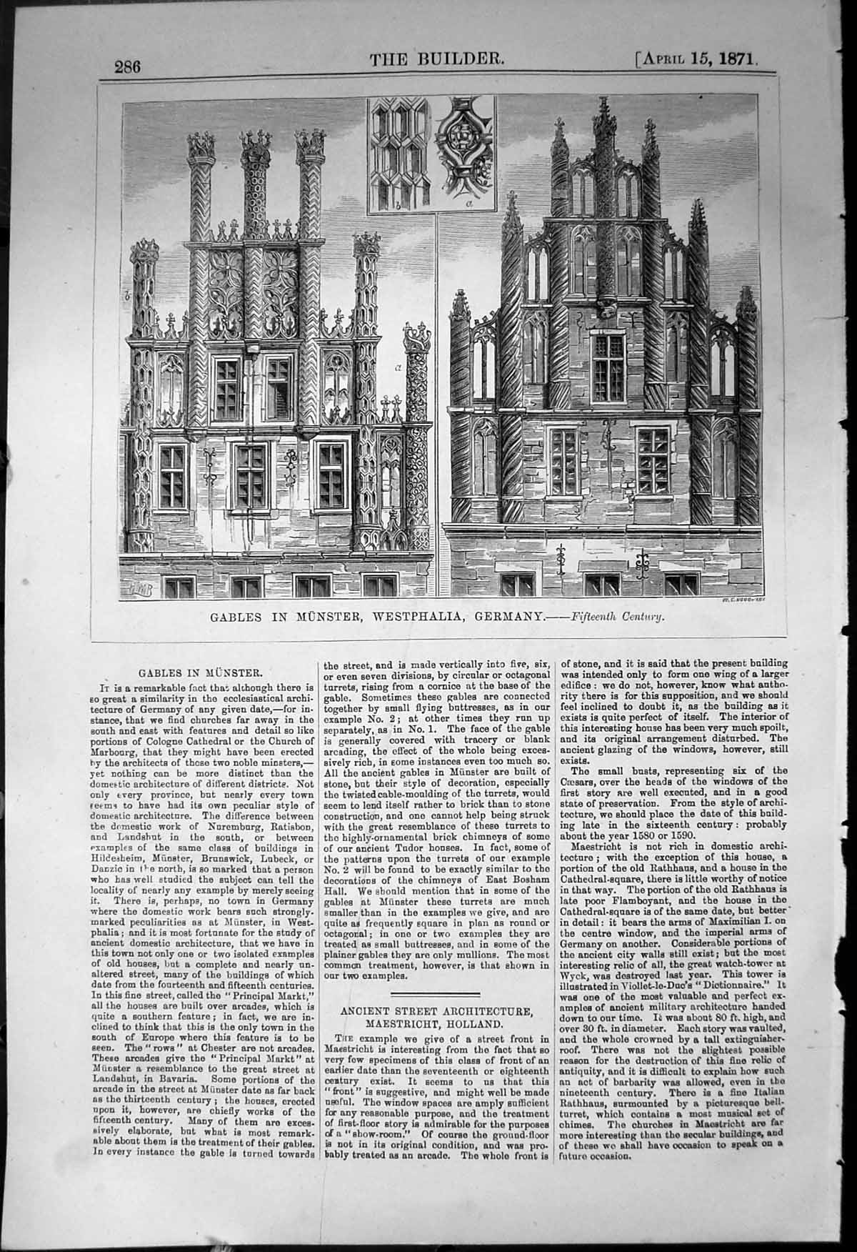 Antique Old Print Gables Munster Westphalia Germany Architecture 1871 Builder