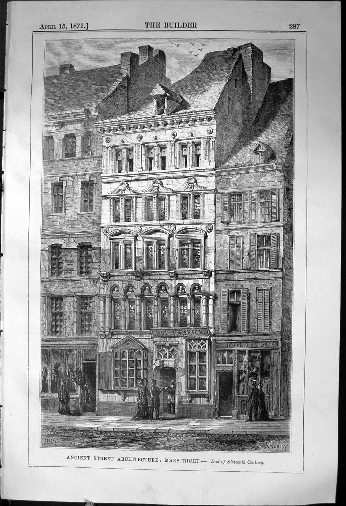 Antique Old Print Ancient Street Architecture Maestricht Houses 1871 Builder