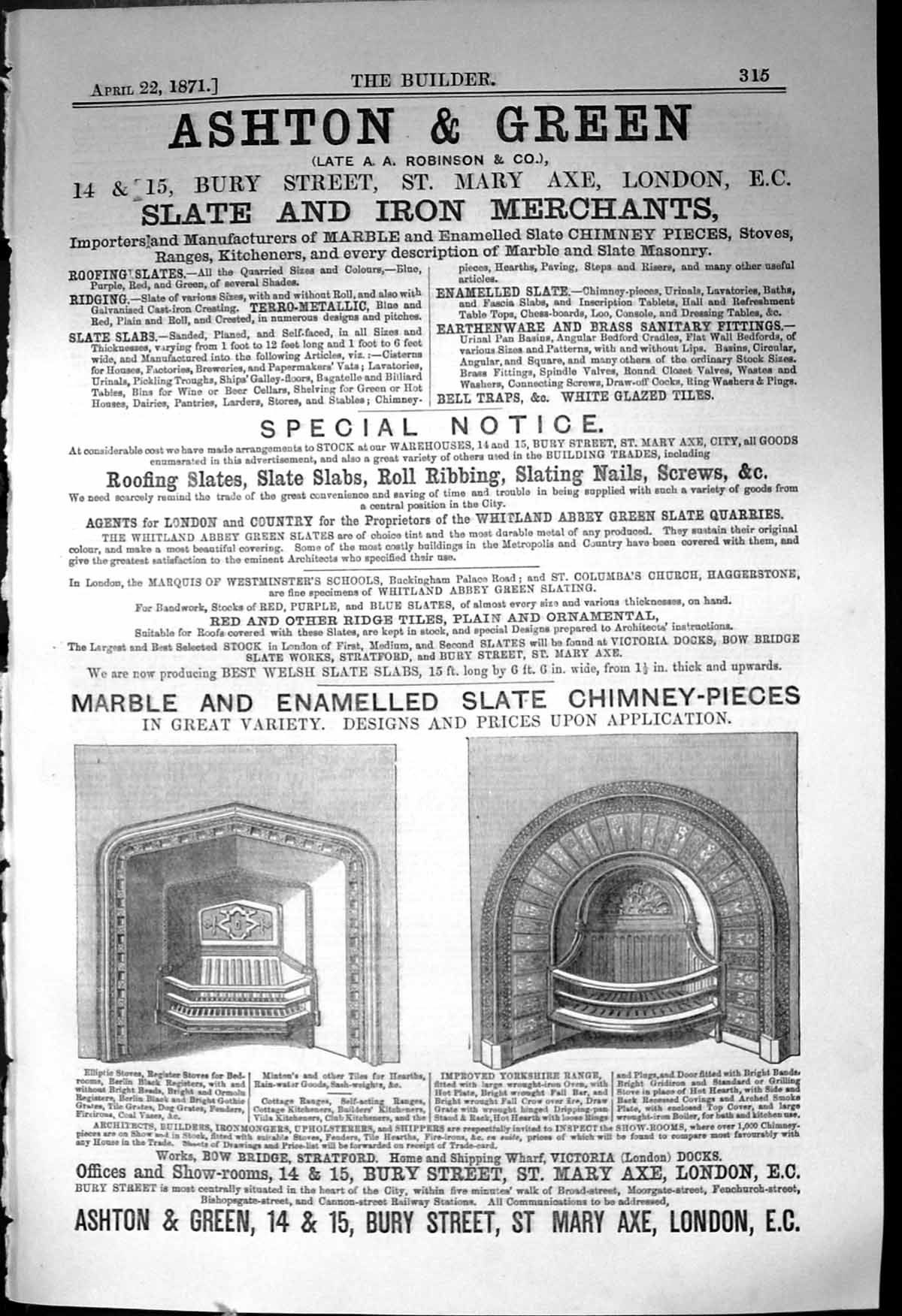Old Advertisement Ashton Green Slate Iron Merchants London 1871 Build Victorian
