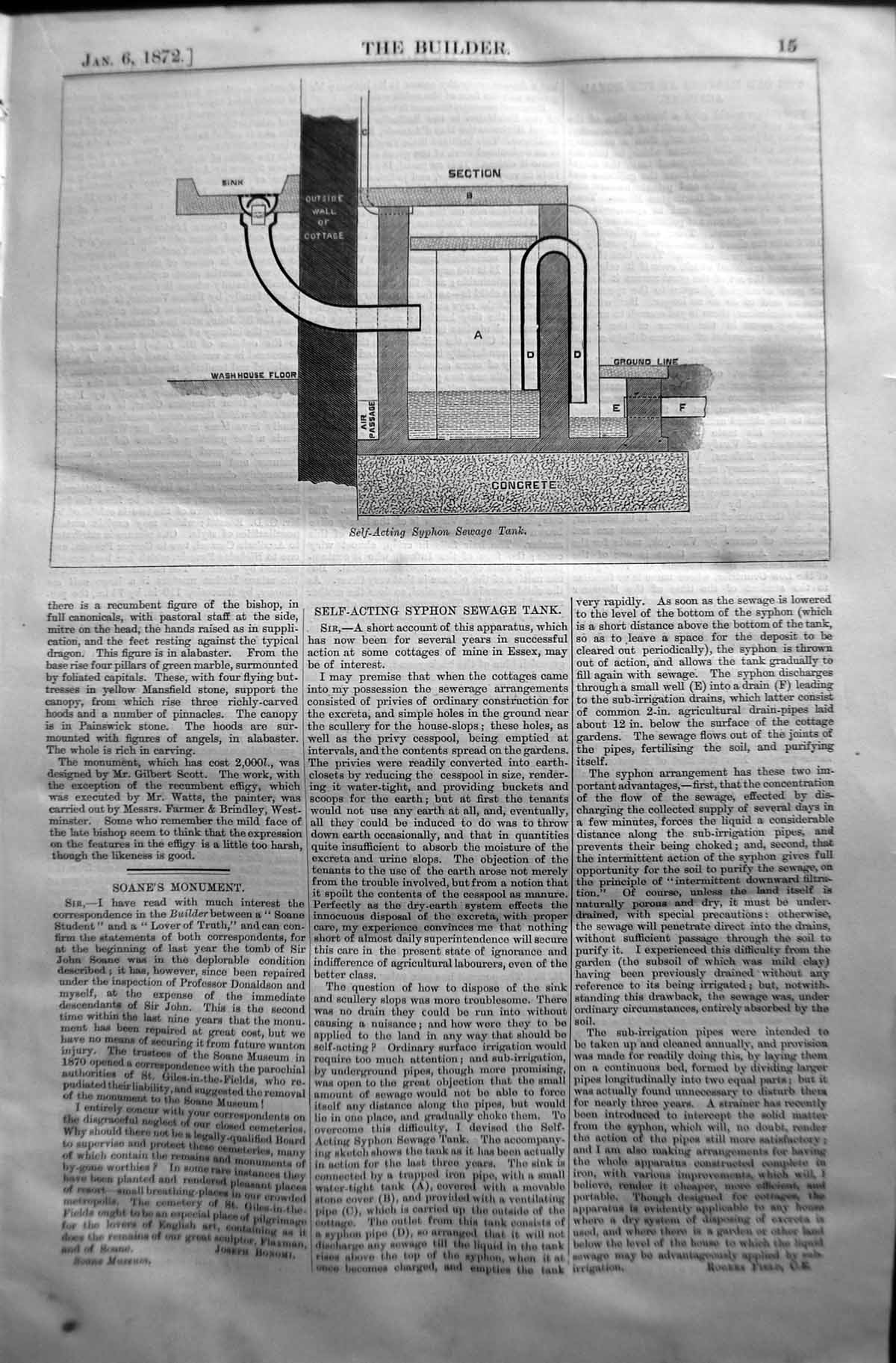 Original Old Antique Print Diagram Self-Acting Syphon Sewage Tank 1872 Builder