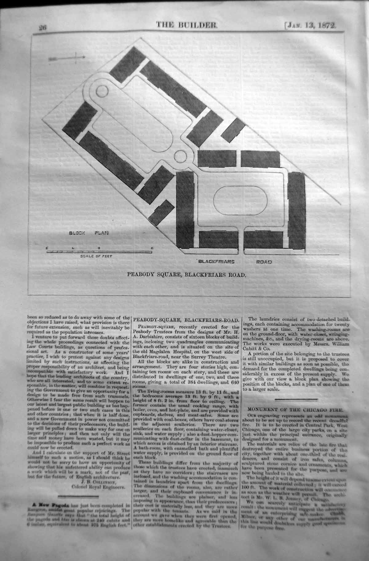 Antique Old Print 1872 Builder Plan Peabody Square Blackfriars Road London 19th