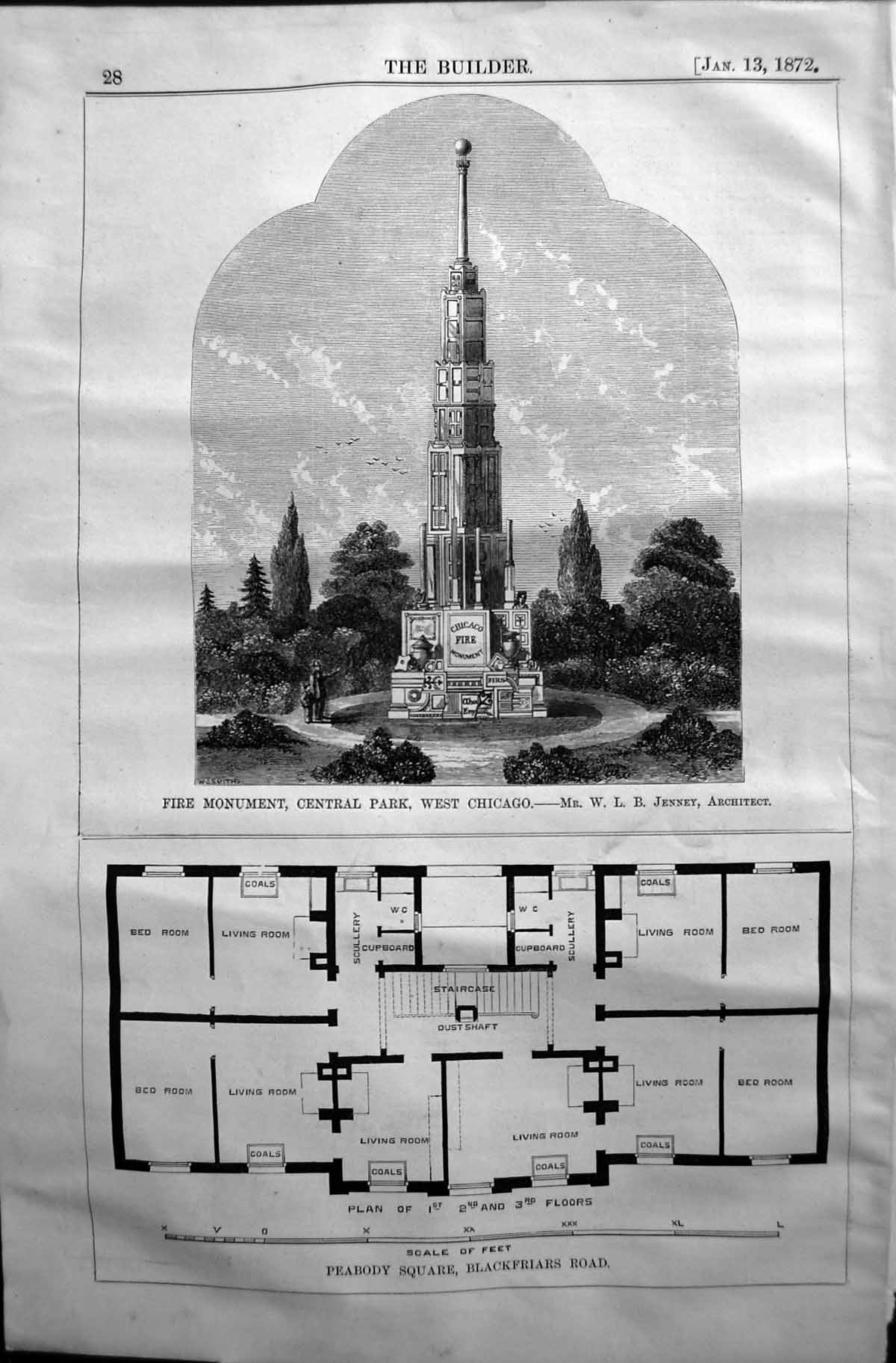 Old 1872 Builder Fire Monument Central Park Chicago Plan Peabody Squa Victorian