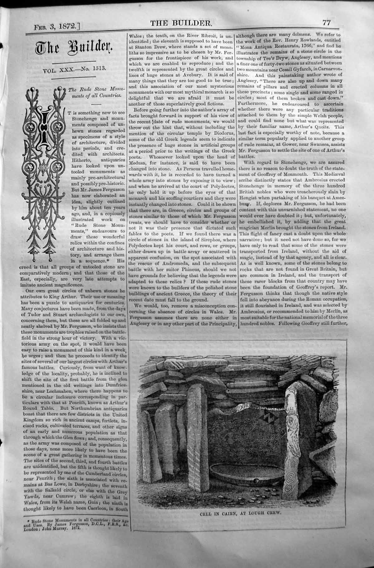 Original Old Antique Print 1872 Builder Cell Cairn Lough Cres Archaeology 19th