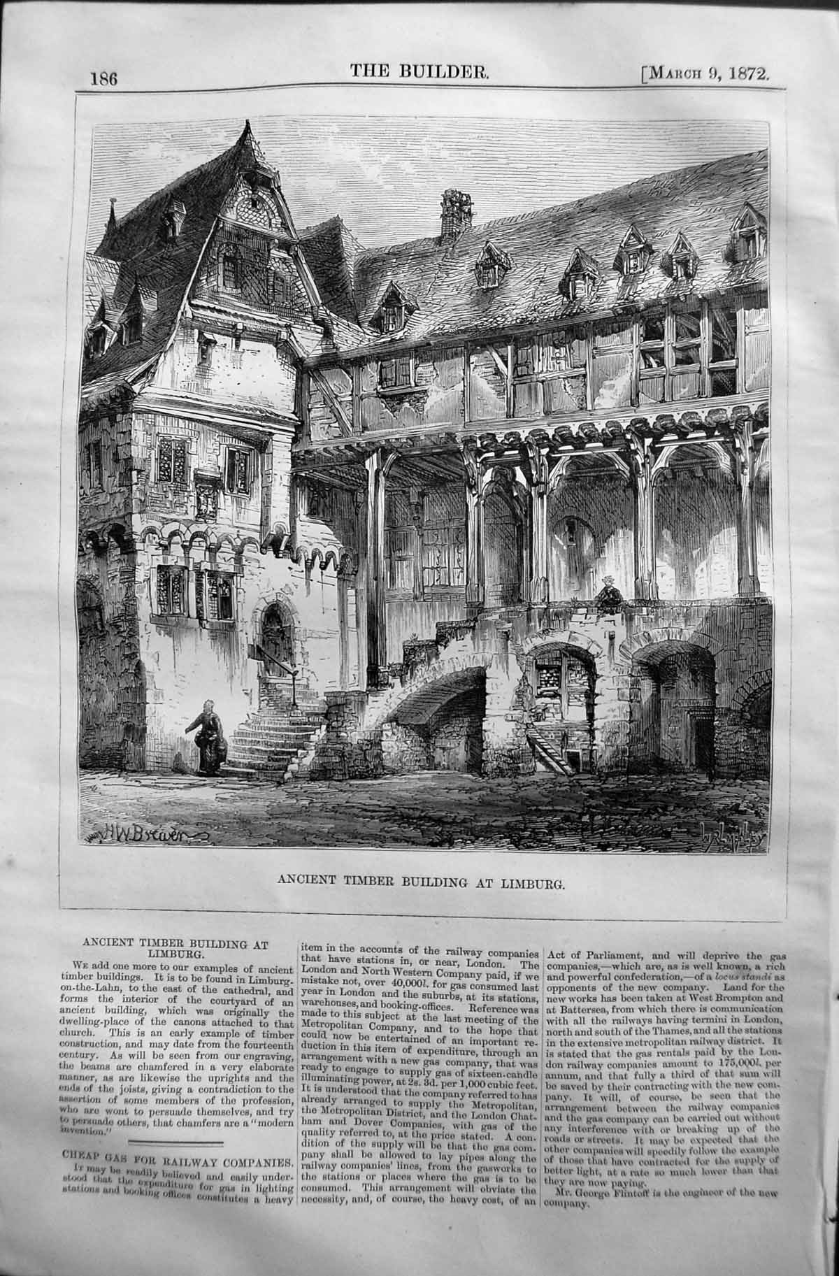 Old Antique Print Exterior Ancient Timber Building Limburg 1872 Builder 19th