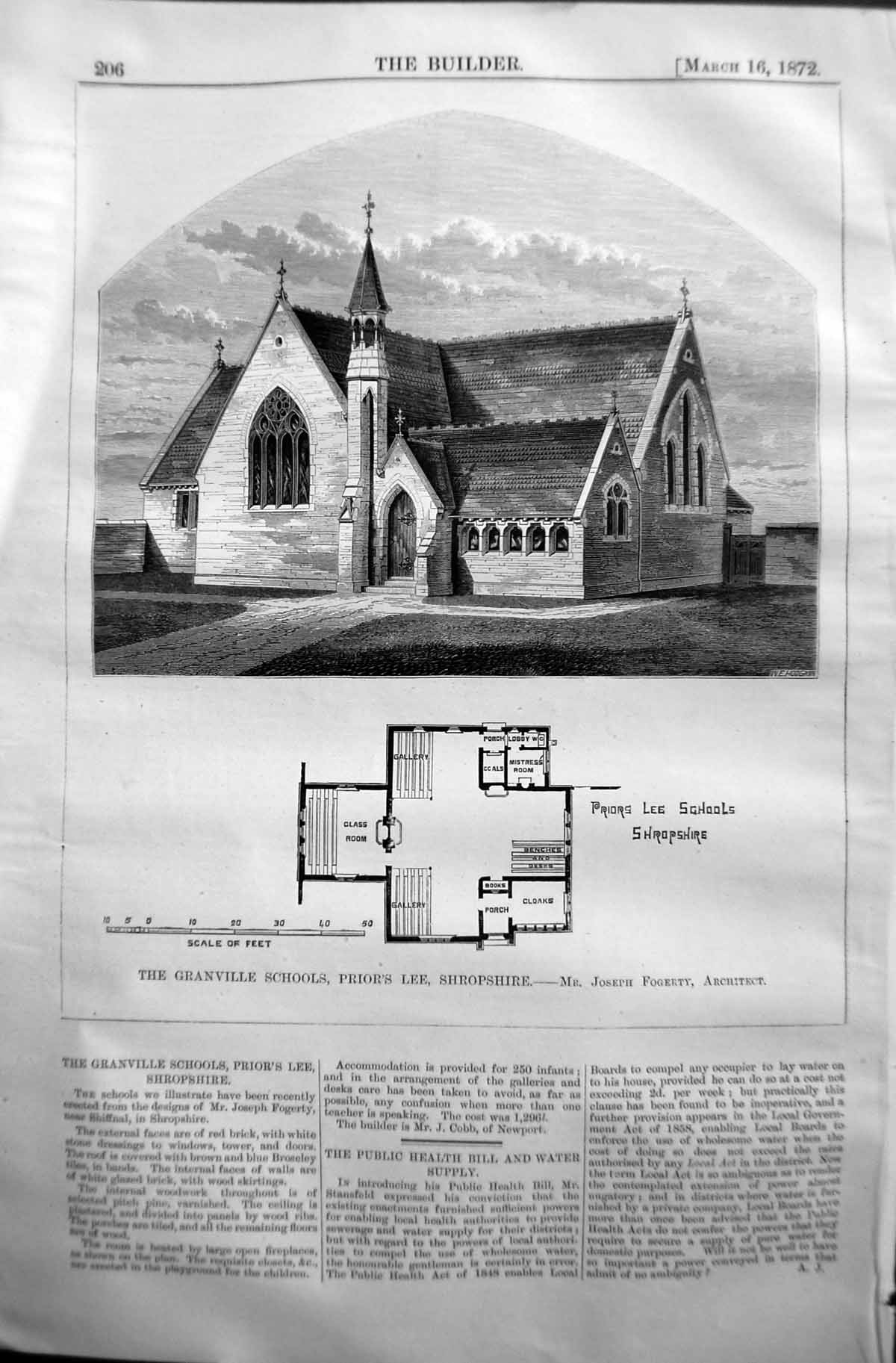 Old 1872 Builder Plan Granville Schools Prior'S Lee Shropshire Joseph Victorian
